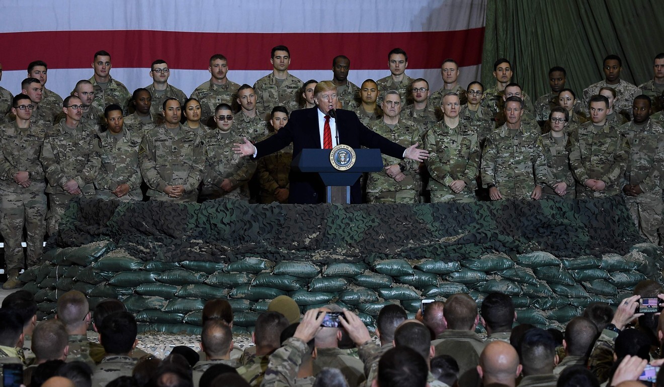 US President Donald Trump speaks to the troops during a surprise Thanksgiving day visit to Bagram Air Field, in Afghanistan in 2019. File photo: AFP