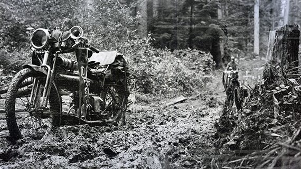 Clancy’s motorcycle stuck in the mud at the Fourth of July Canyon in Idaho, in the US, in 1913. Photo: The Clancy Family Collection