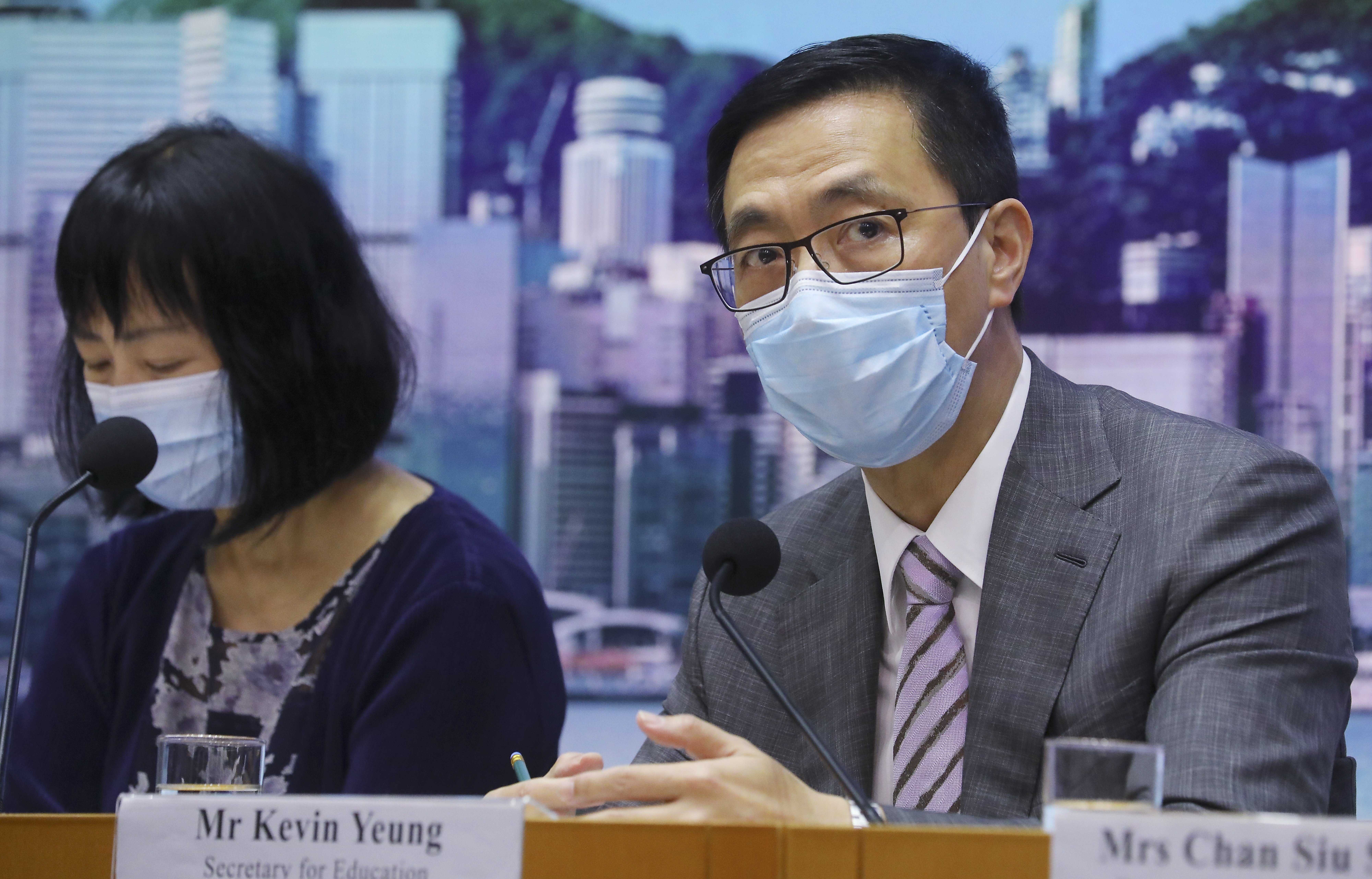 Permanent Secretary for Education Michelle Li and Secretary for Education Kevin Yeung meet the press at the government headquarters in Admiralty on October 6. Photo: Dickson Lee