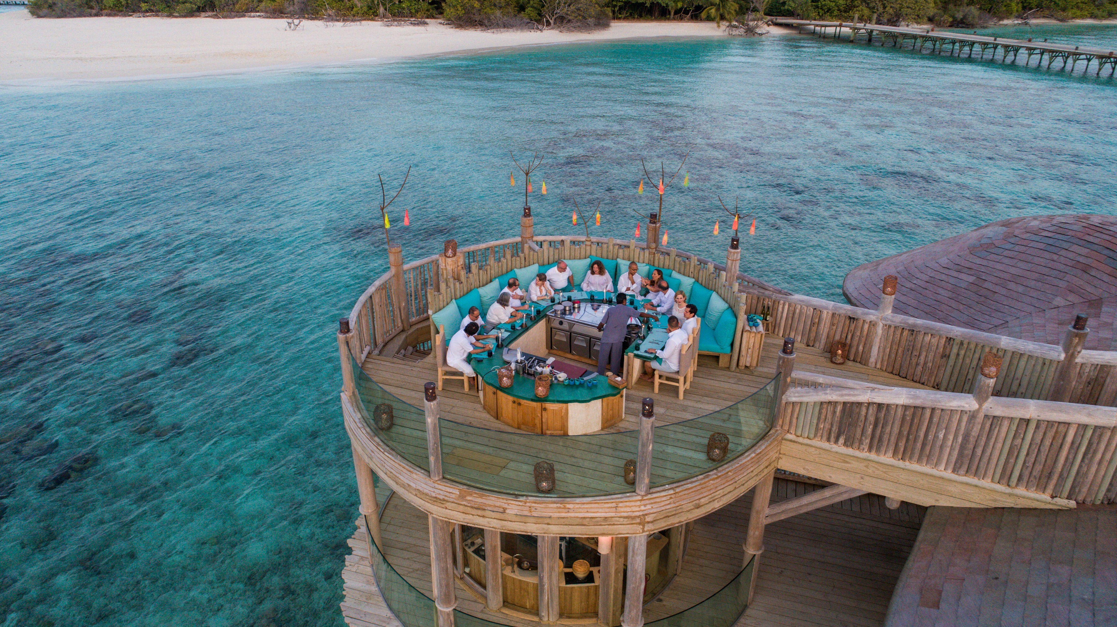 The meeting room and dining terrace at Soneva Fushi in the Maldives. Photo: Soneva Fushi