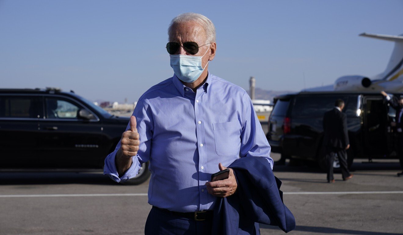 Democratic presidential candidate Joe Biden speaks before boarding his campaign plane in Las Vegas on Friday. Photo: AP