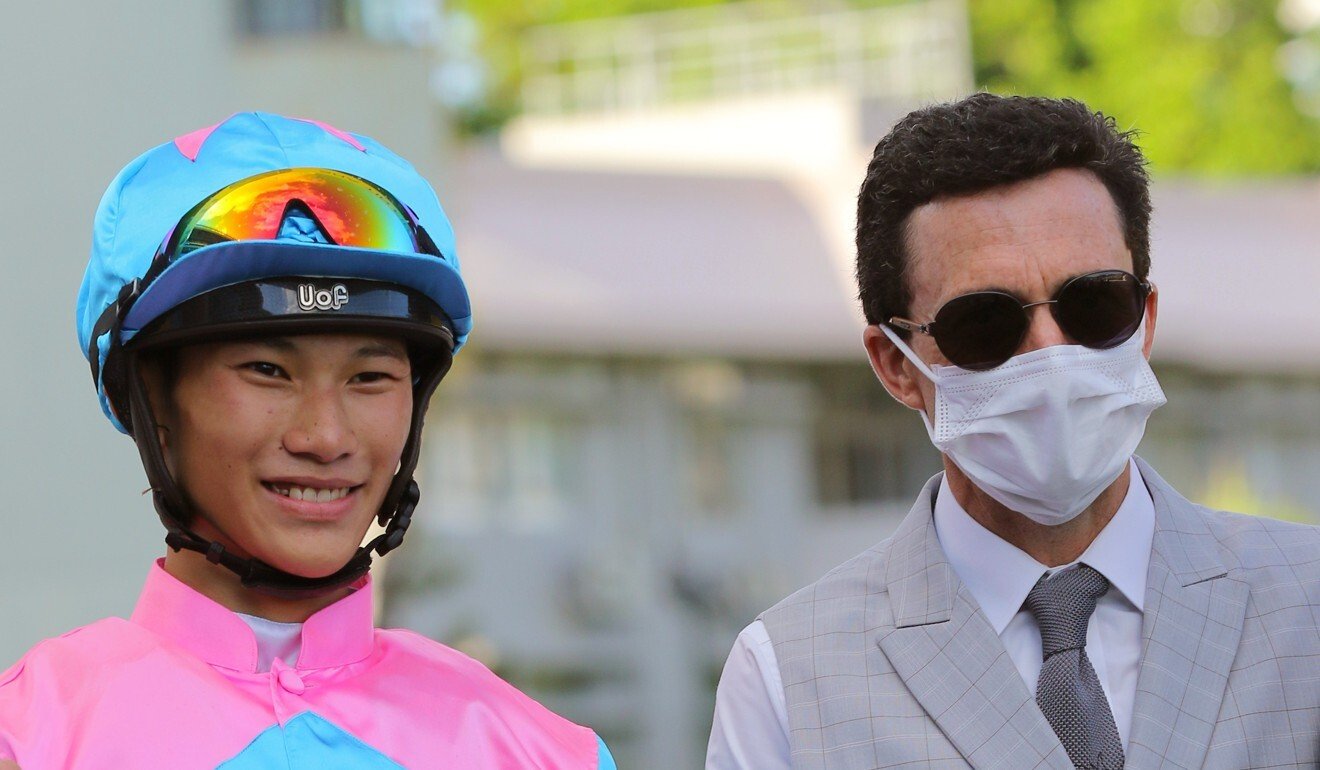 Jockey Jerry Chau and trainer Douglas Whyte celebrate a win with Private Rocket, who they combine with again at Sha Tin on Sunday.