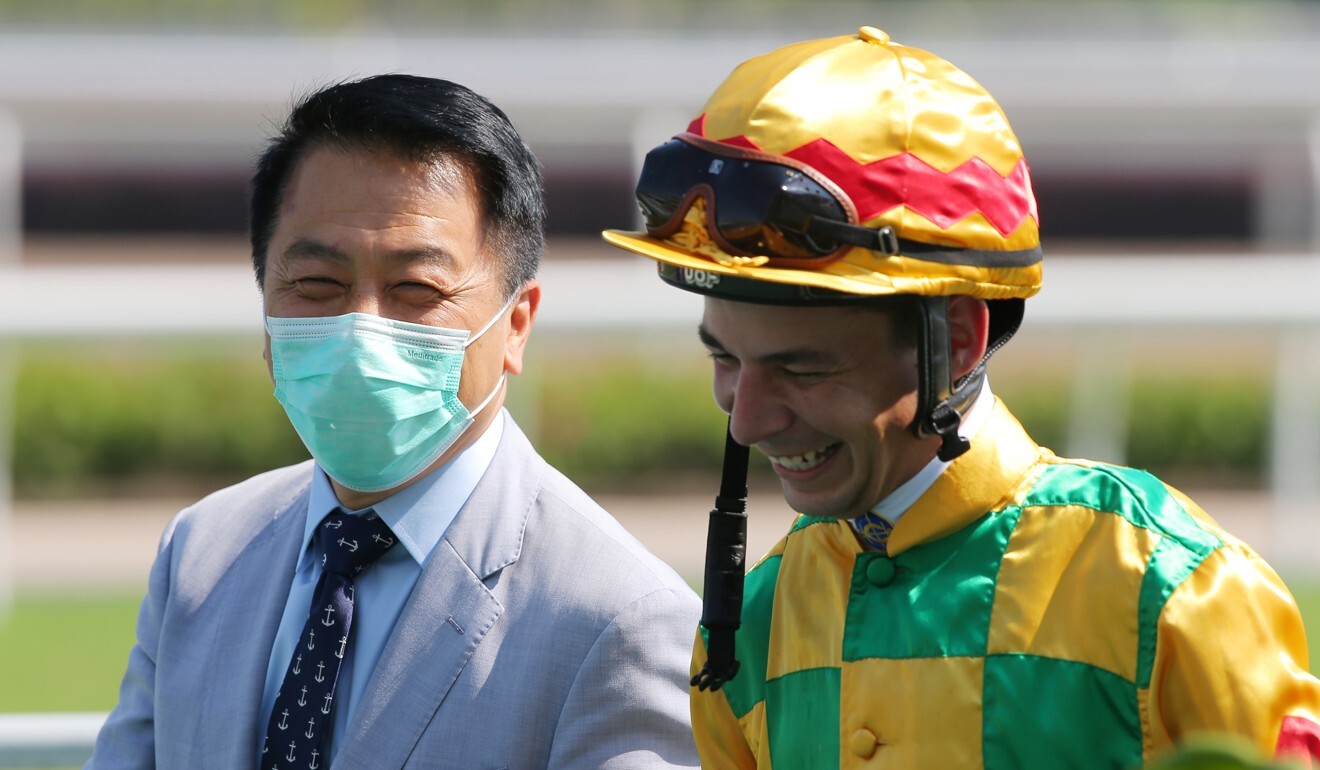 Trainer Ricky Yiu and jockey Vagner Borges are all smiles after Mighty Valor’s victory.