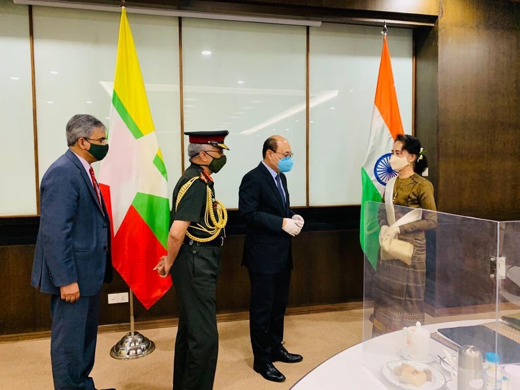 India's Ambassador to Myanmar Saurabh Kumar, Chief of Army Staff M.M. Naravane and Foreign Secretary Harsh Vardhan Shringla meet Myanmar State Counsellor Aung San Suu Kyi on October 5. Photo: Twitter
