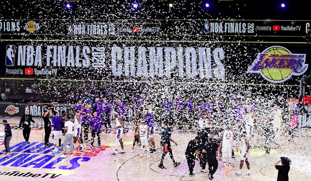 The Los Angeles Lakers celebrate after winning the 2020 NBA Championship Final over the Miami Heat in game six at AdventHealth Arena in Lake Buena Vista, Florida. Photo: AFP