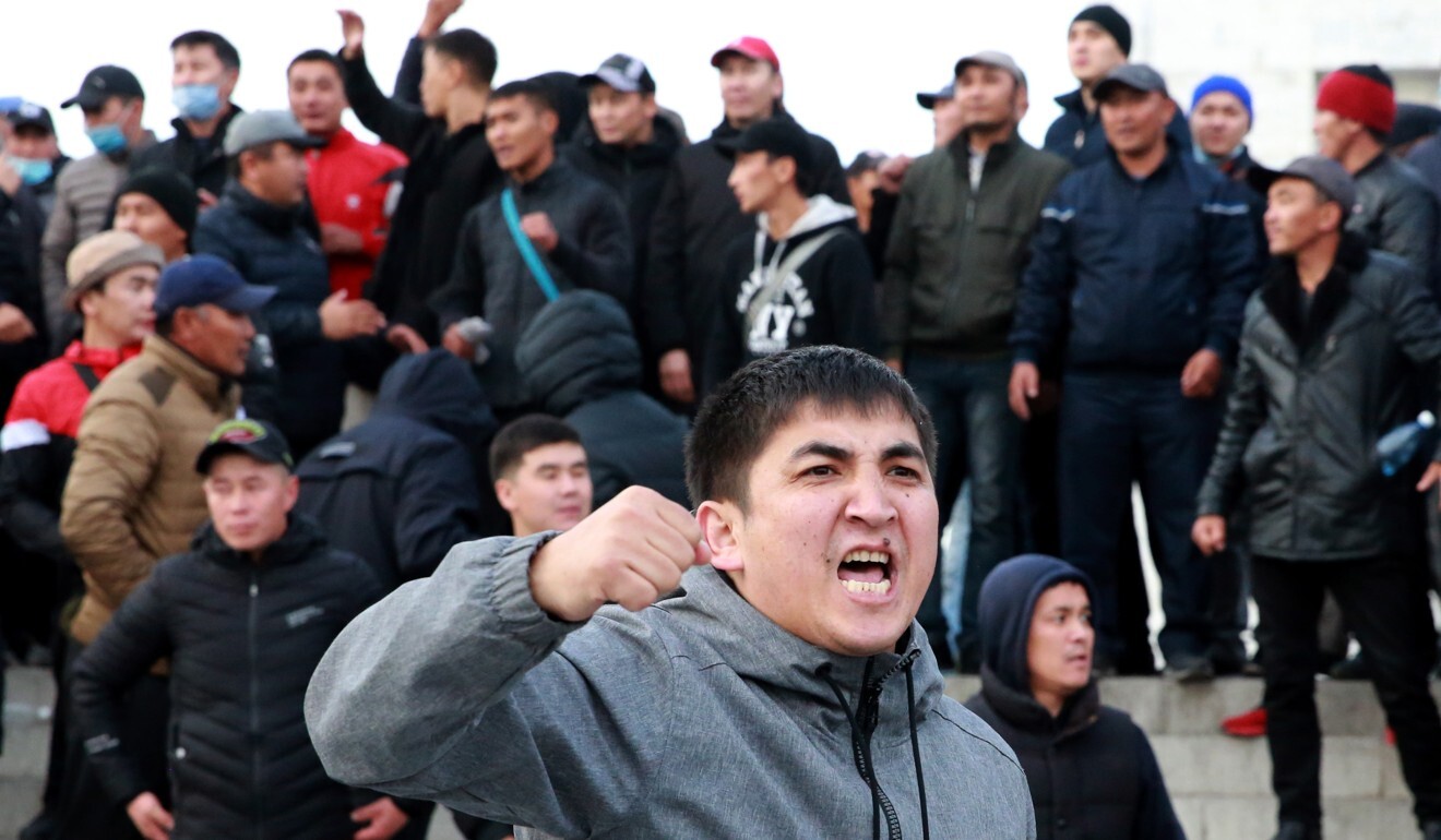 Supporters of politician Sadyr Japarov protest at the central Ala-Too Square in Bishkek on Friday. Photo: EPA-EFE