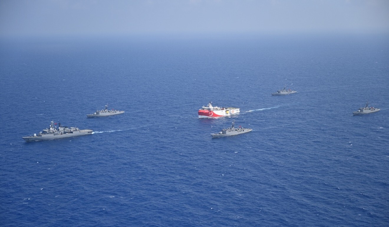 Turkish Navy ships escort the Oruc Reis research vessel off Antalya, Turkey in August. File photo: Reuters