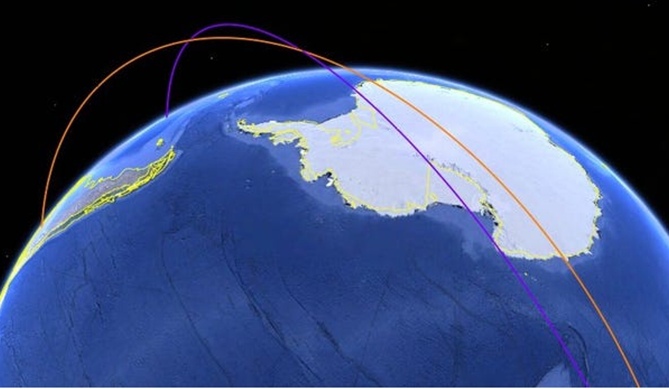 The trajectories of southbound Soviet satellite Kosmos-2004 (red) and northbound Chinese rocket body CZ-4C-Y4 (purple). Photo: Business Insider/Jonathan McDowell