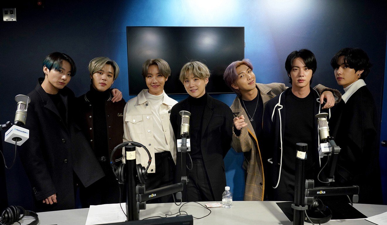 BTS pictured during a visit to a radio station in New York in February. Photo: Getty Images for SiriusXM/TNS
