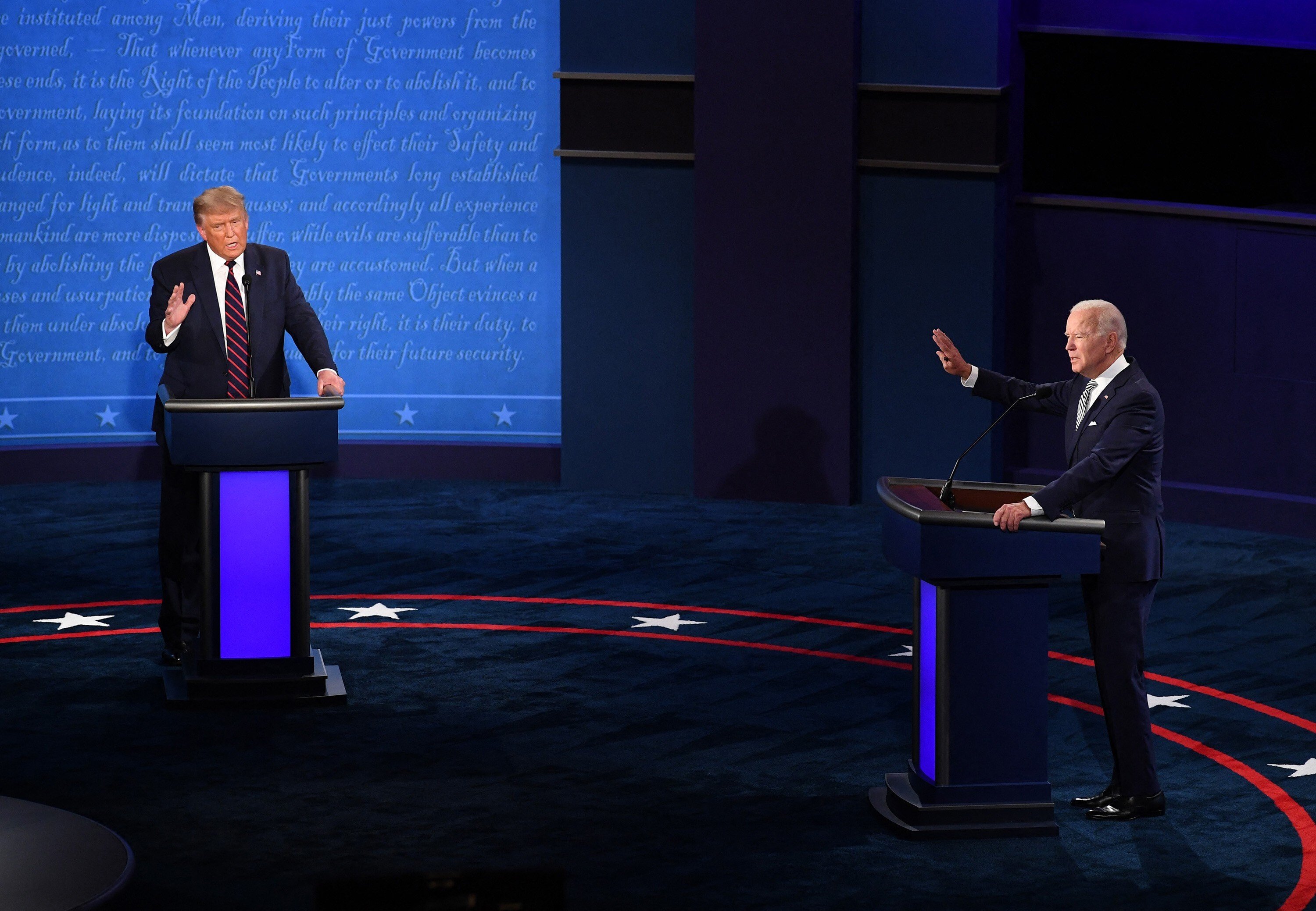 US President Donald Trump, left, and Democratic presidential nominee Joe Biden speak during the first presidential debate in Cleveland on September 29. If Trump loses next month’s election, he and his staff could be tempted to engage in scorched-earth tactics on their way out of the White House. Photo: TNS