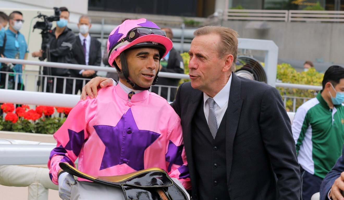 Joao Moreira with John Size after a Hot King Prawn victory.