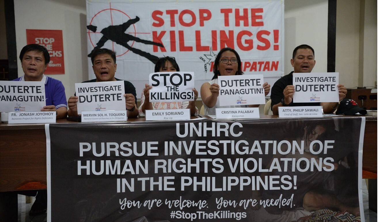 Human rights advocates are seen in July 2019 after the UN Human Rights Council approved a resolution mandating a comprehensive international review of the drug war in the Philippines. Photo: AFP