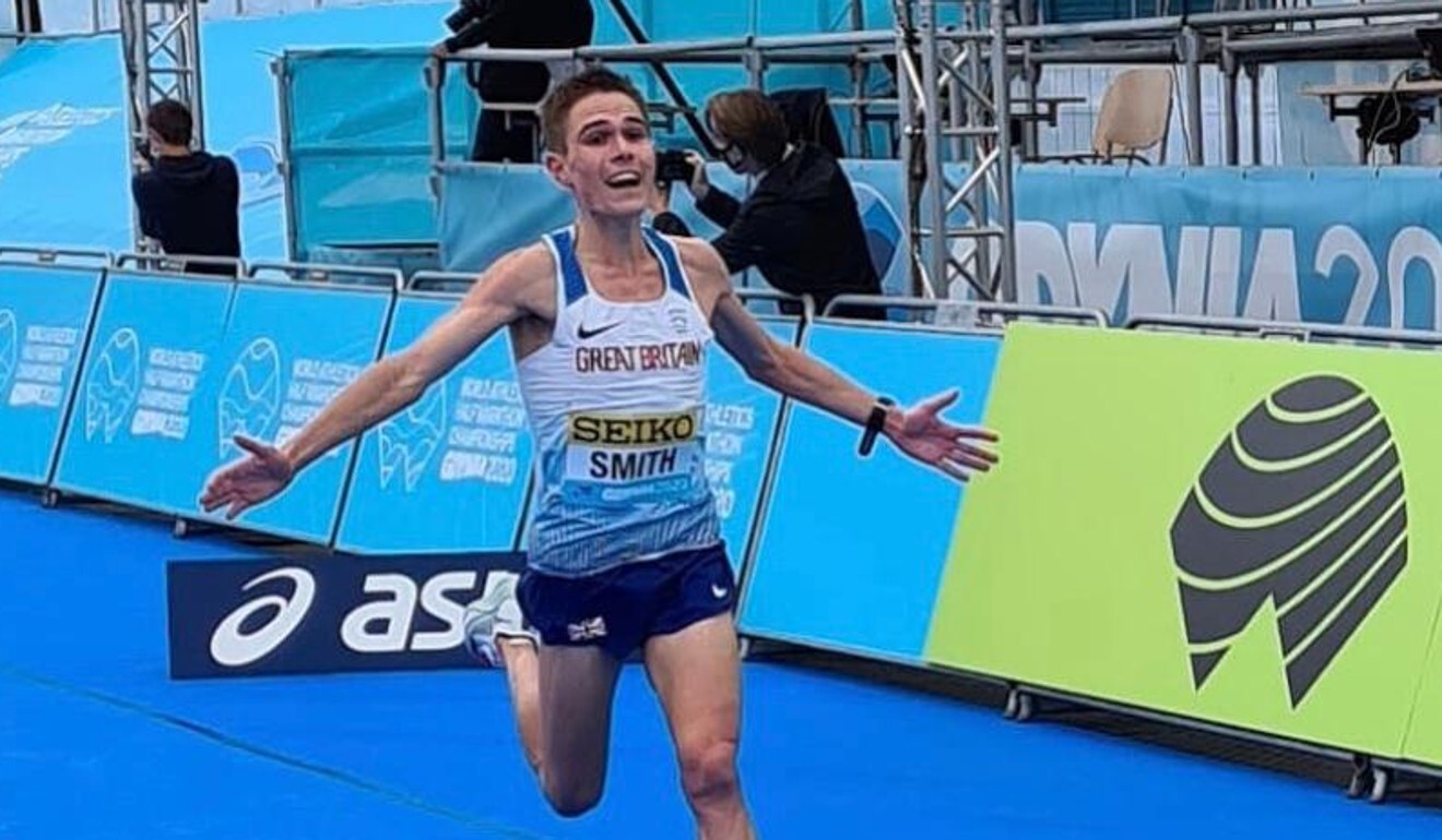 Jake Smith celebrates after crossing the finish line in Poland. Photo: Moyo Sports