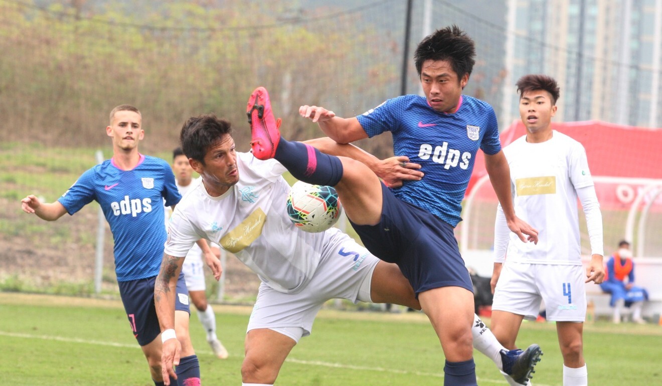 Kitchee’s Cheng Chin-lung (right) and Rangers’ Cesar Leguizamon Arce vie for the ball during a Sapling Cup clash in February. Photo: Chan Kin-wa