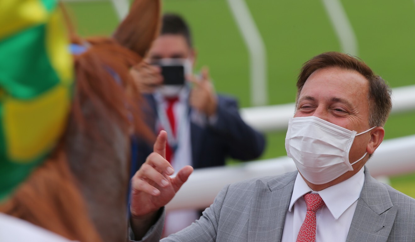 Caspar Fownes celebrates a Sky Field win.