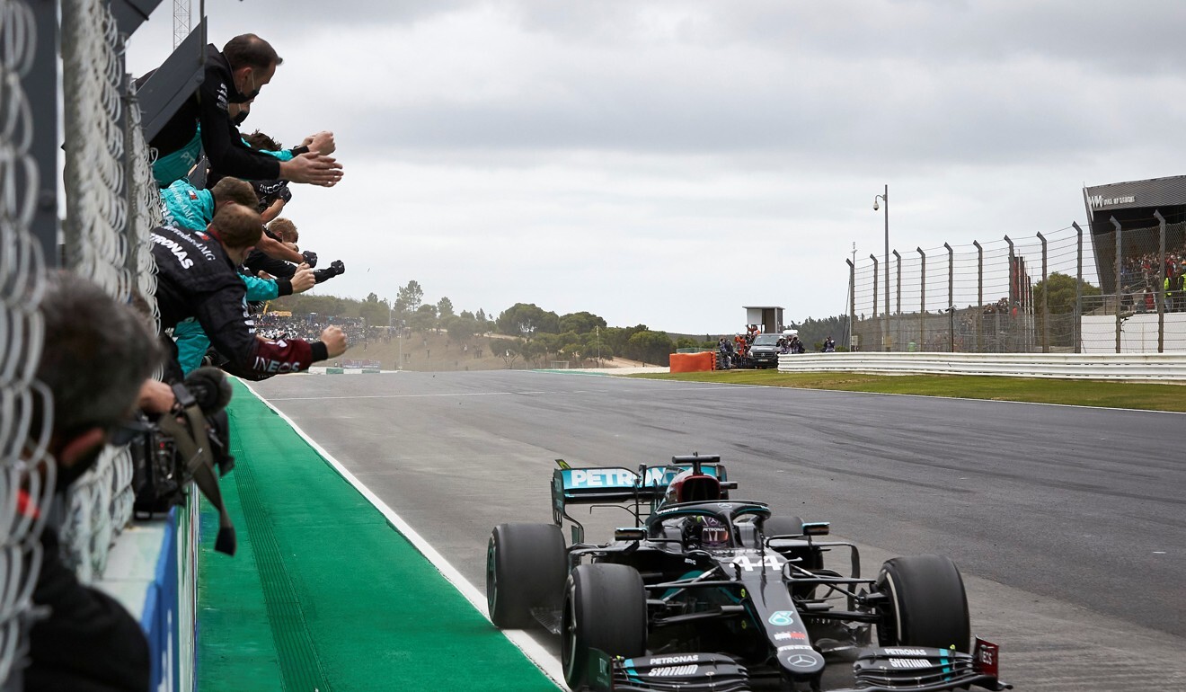 Mercedes' Lewis Hamilton crosses the line to win the race at Algarve International Circuit, Portimao on Sunday. Photo: Handout via Reuters