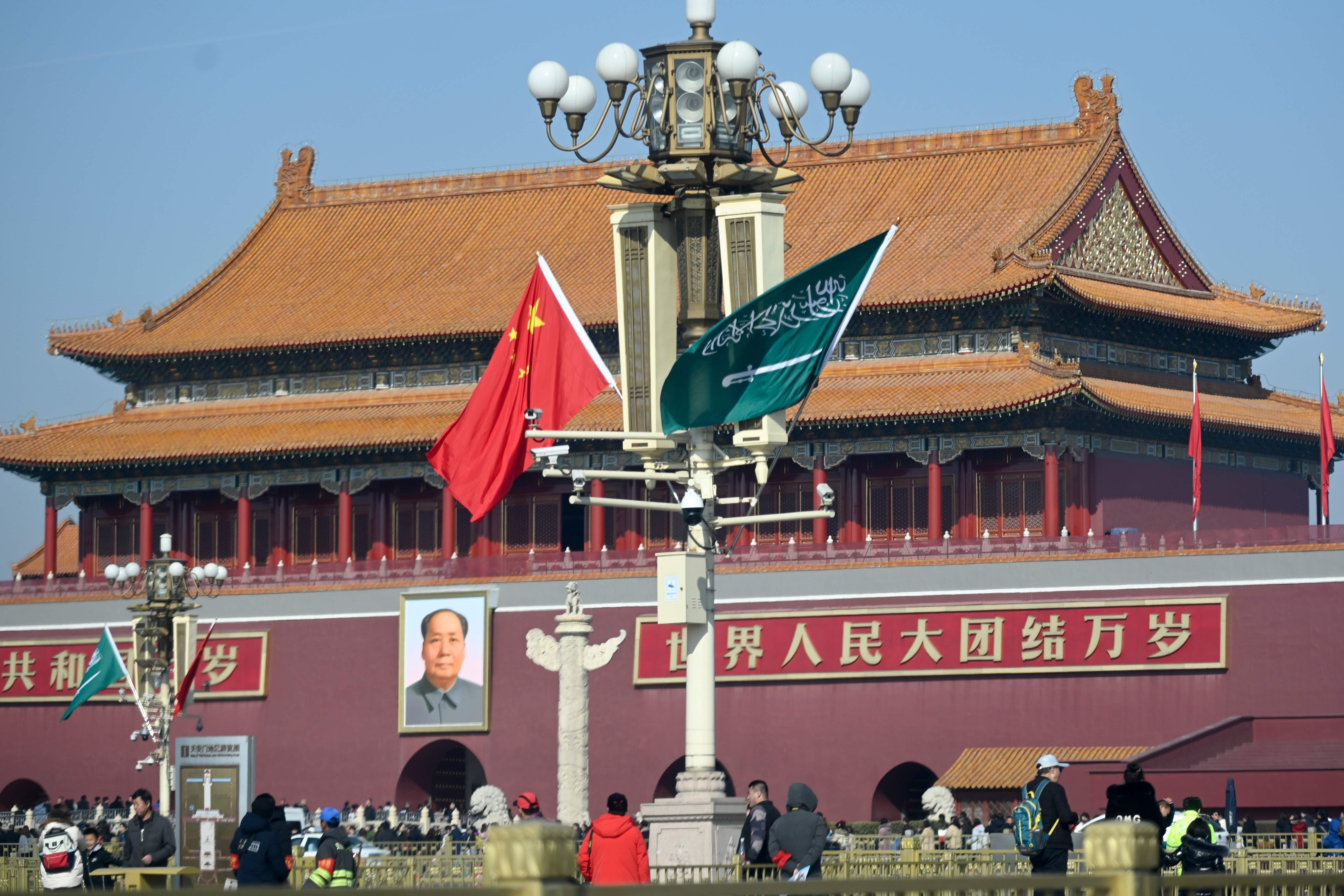 The national flags of China and Saudi Arabia are displayed at Tiananmen Square in Beijing on February 21, 2019. As the United States becomes more isolationist, Middle Eastern countries are expanding their horizons and seeking strategic partnerships with other countries, including China. Photo: AFP