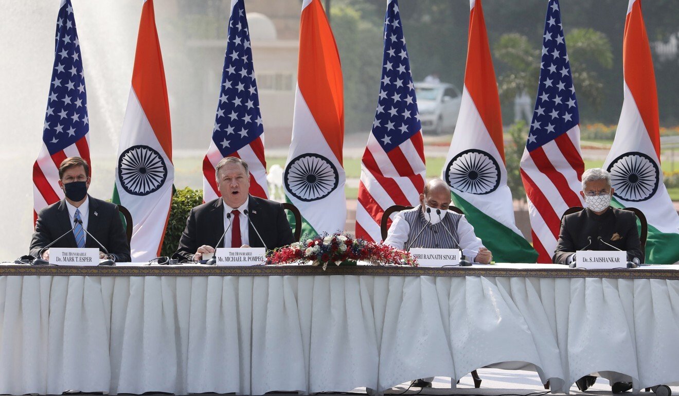 US Secretary of Defence Mark Esper, US Secretary of State Mike Pompeo, India’s defence minister Rajnath Singh, and India’s foreign minister Subrahmanyam Jaishankar at a news conference in New Delhi. Photo: Bloomberg