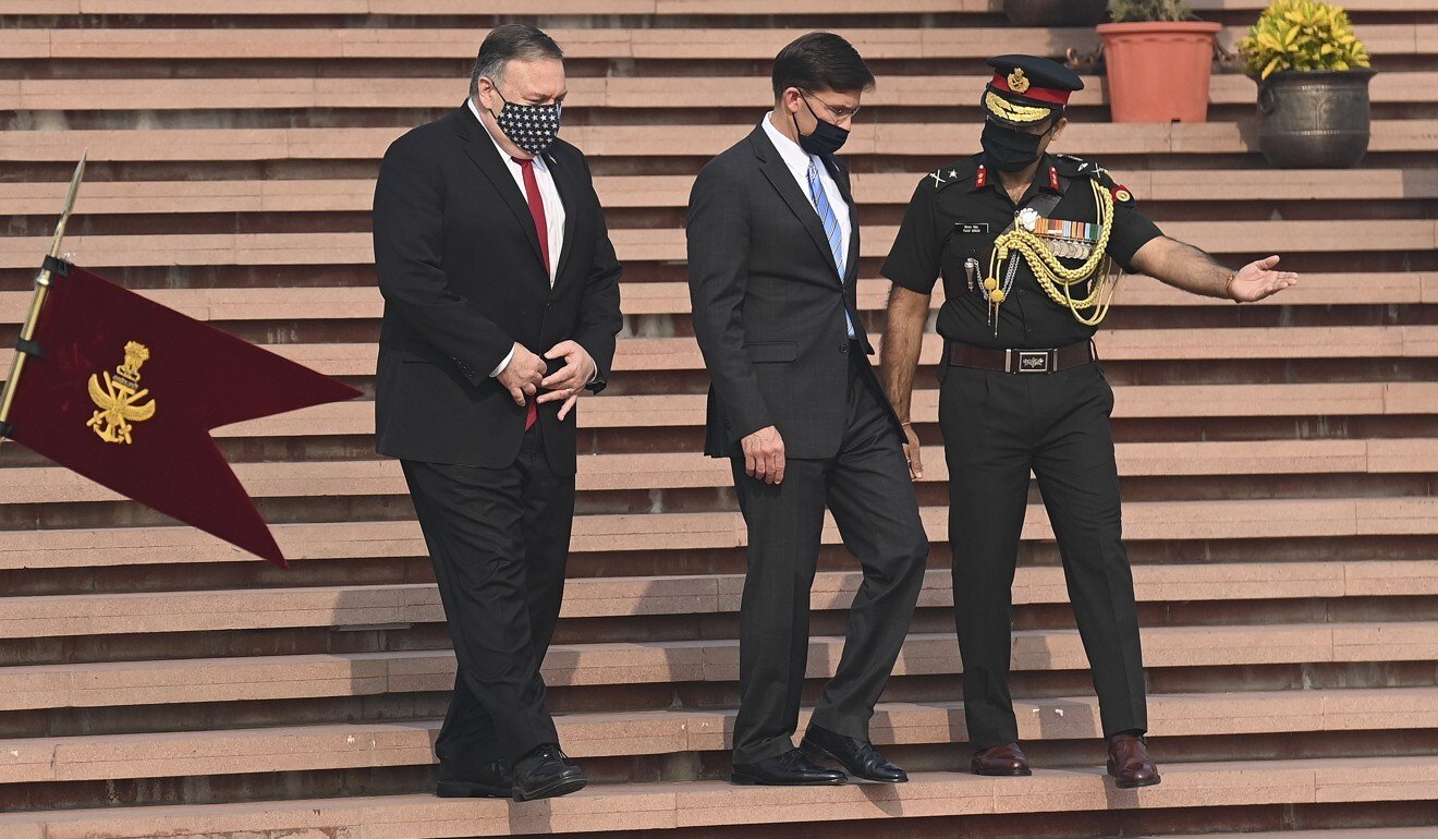 US Secretary of State Mike Pompeo, left, and Secretary of Defence Mark Esper in New Delhi on Tuesday, where they held talks with their Indian counterparts on strategic cooperation. Photo: AP