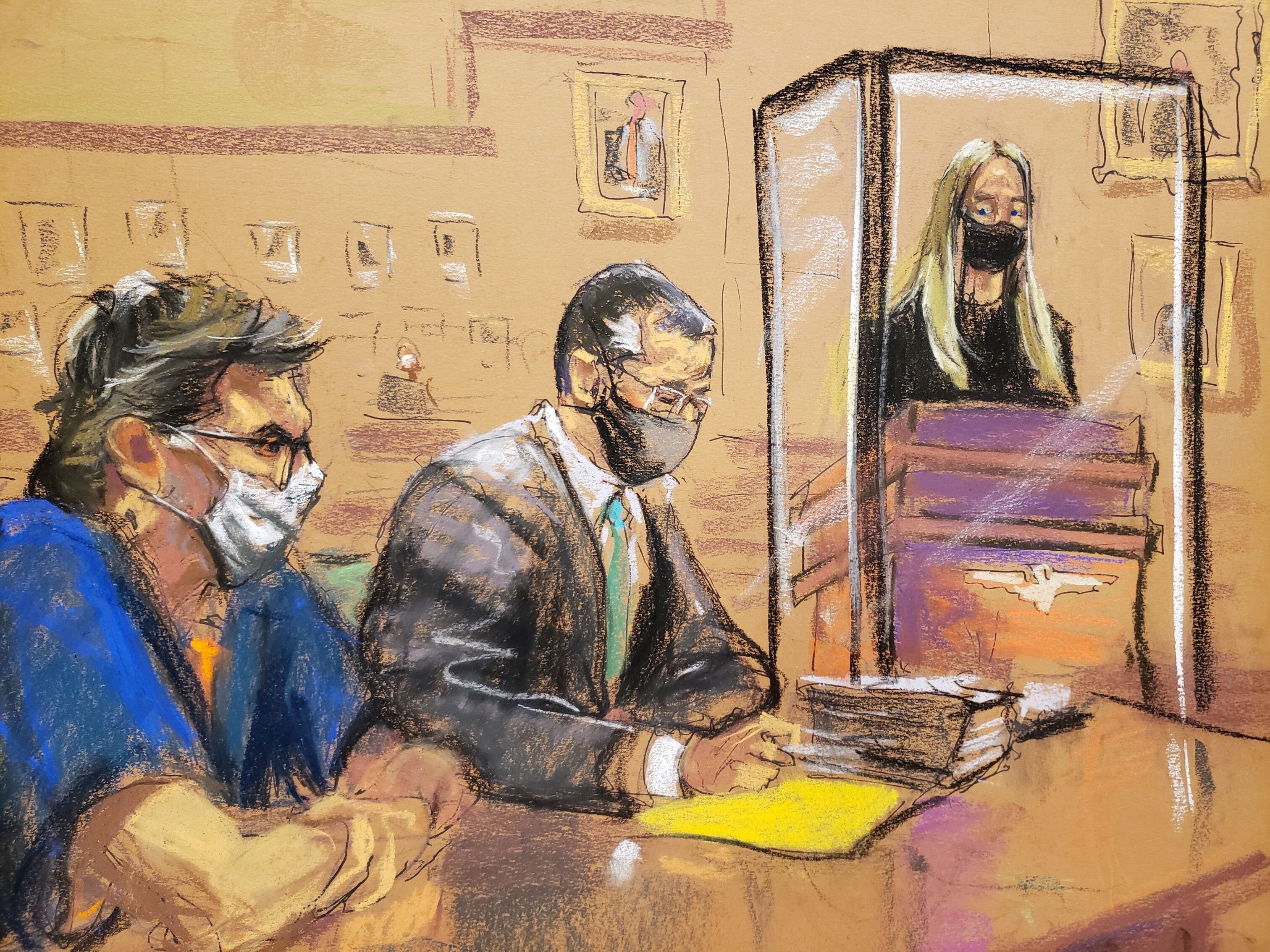 A courtroom sketch shows India Oxenberg giving a victim impact statement as NXIVM cult leader Keith Raniere (in blue) sits with his lawyer Marc Agnifilo inside the Brooklyn Federal Courthouse in New York on Tuesday. Image: Jane Rosenberg via Reuters