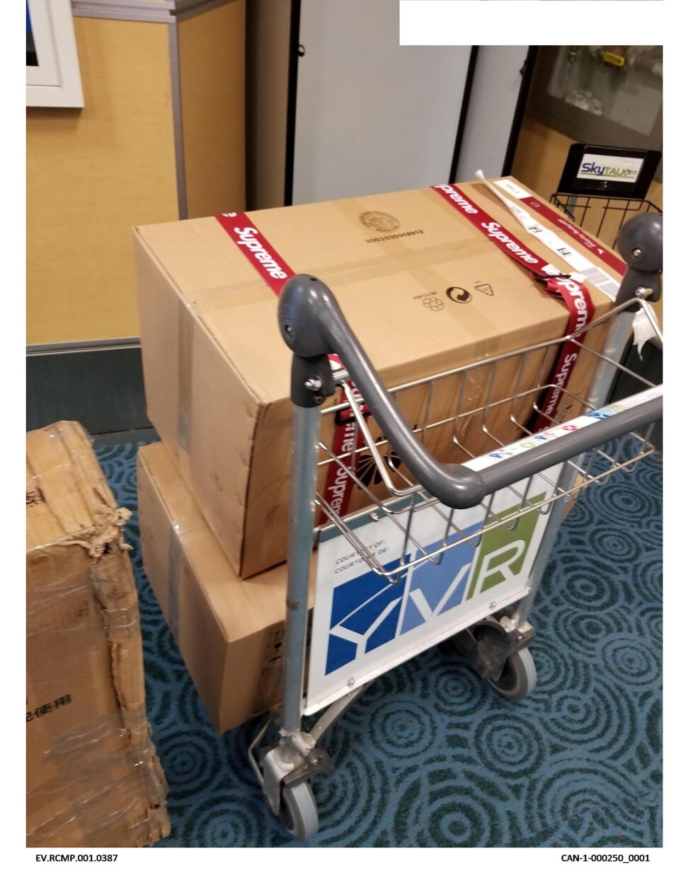 Boxes containing household items that were seized during a Meng Wanzhou border inspection at the Vancouver airport.  Photo: BC Supreme Court exhibit