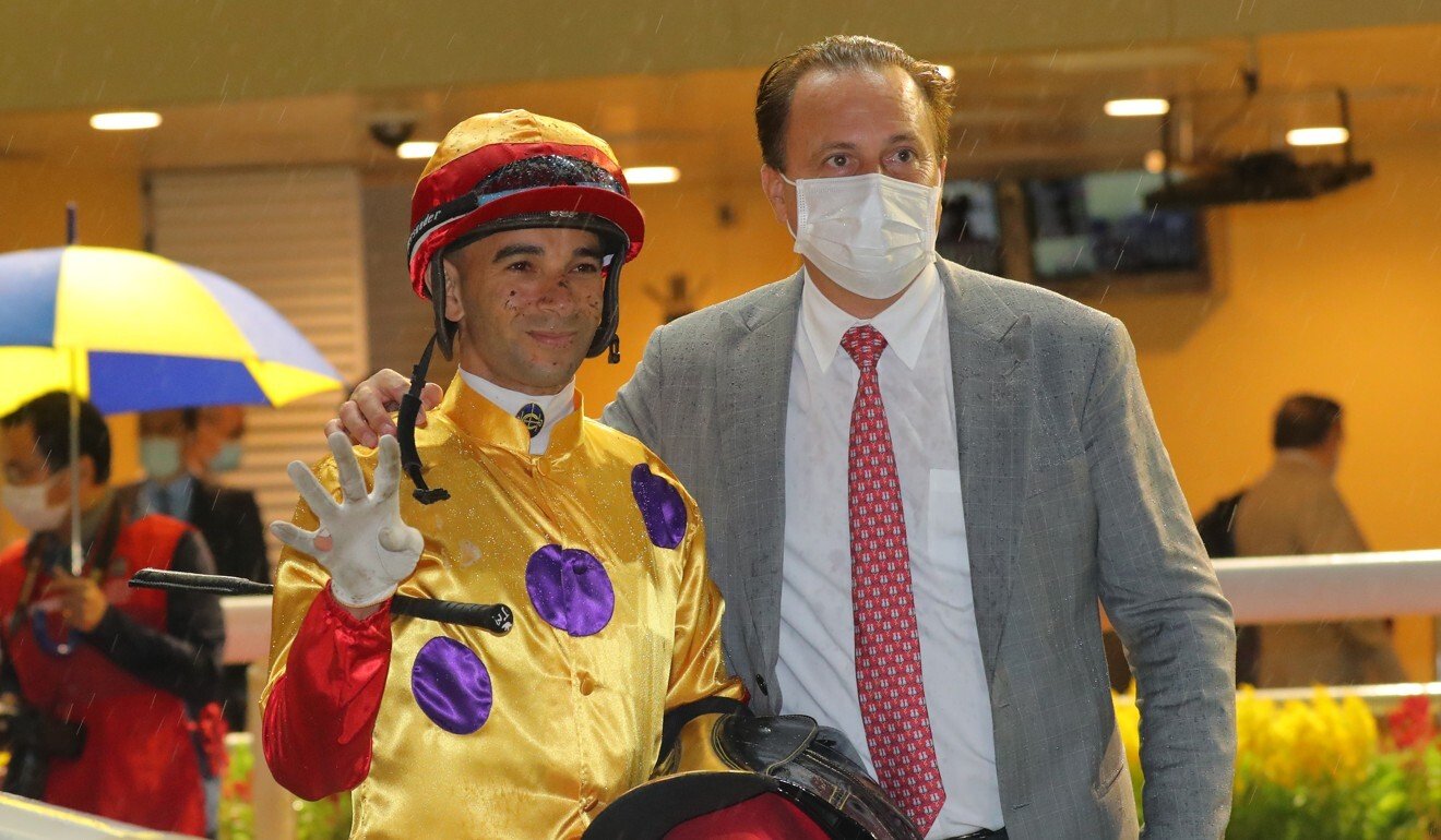 Jockey Joao Moreira celebrates his four-timer on Wednesday night after saluting on Columbus County for Caspar Fownes.