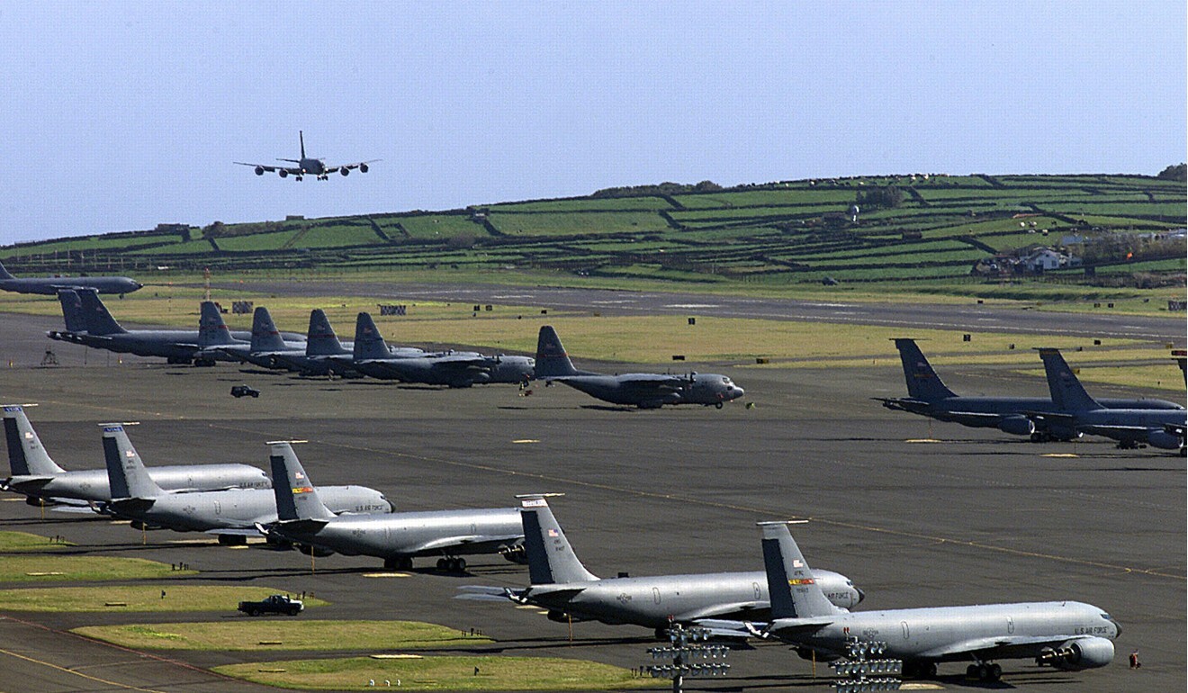 A US Air Force plane lands at the Lajes US airbase on the Azores island of Terceira. Photo: AFP via Getty Images