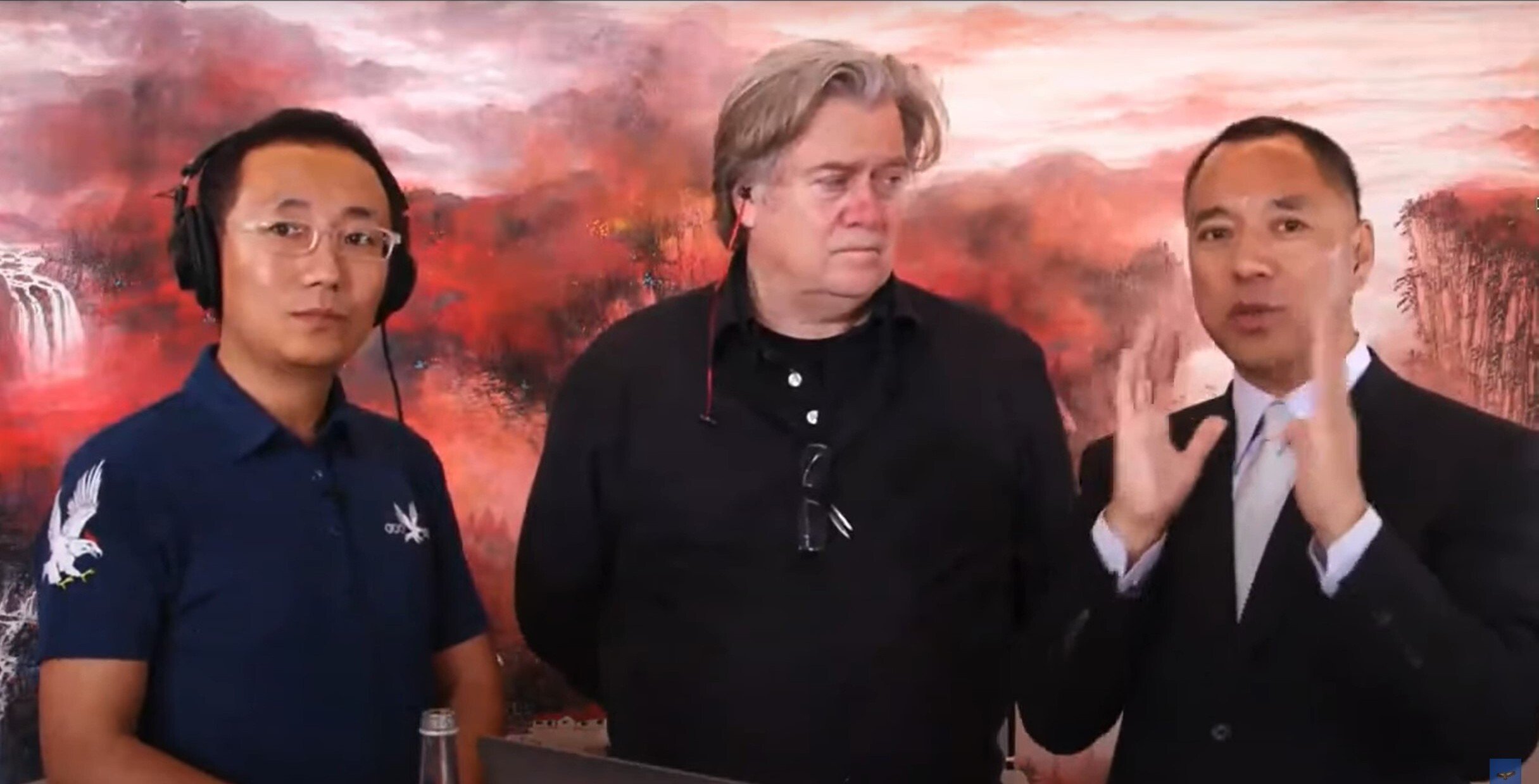 John Pan (left) pictured during a live stream with Steve Bannon and Guo Wengui last year. Photo: Handout