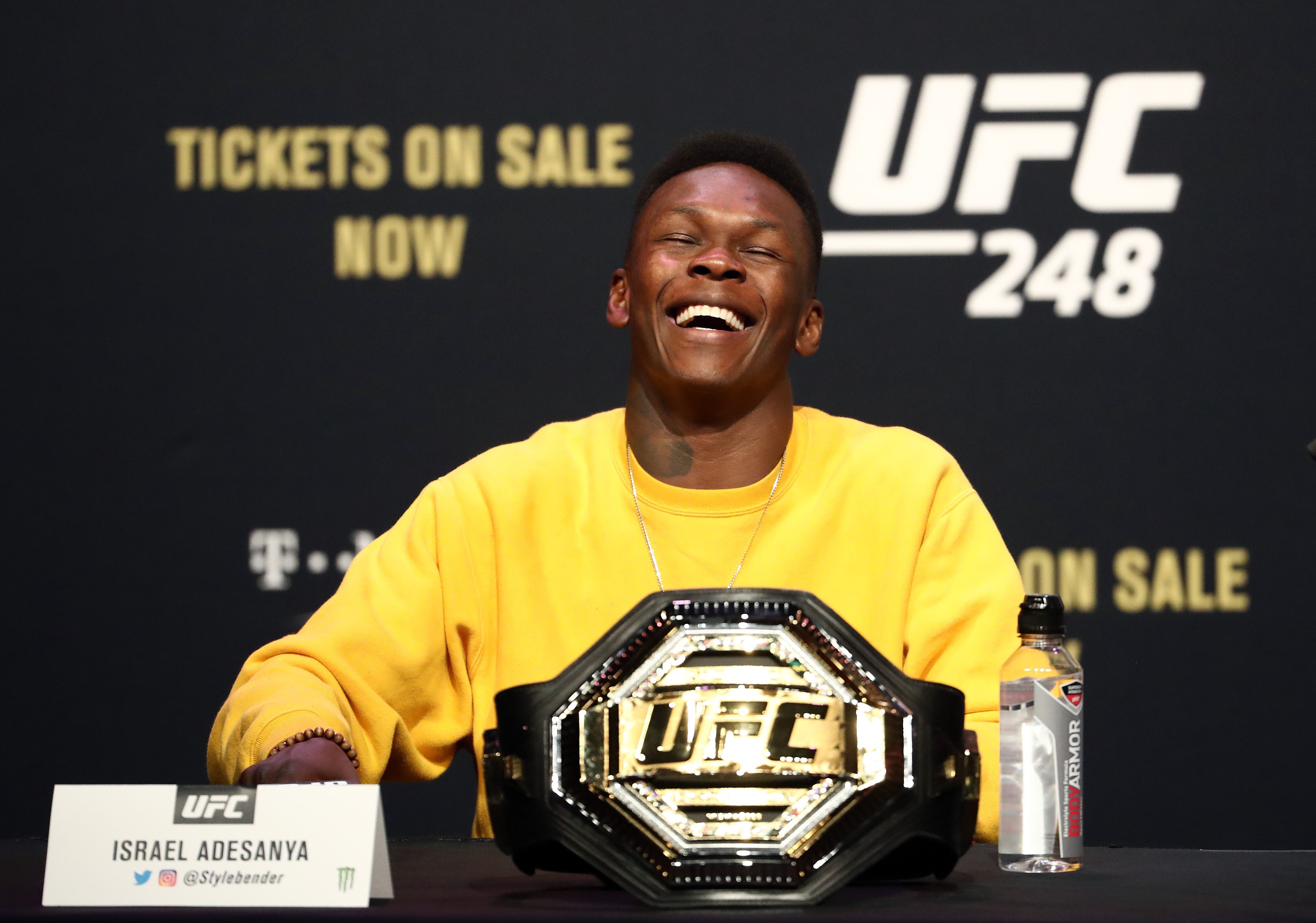 Israel Adesanya at a press conference for UFC 248. Photo: AFP