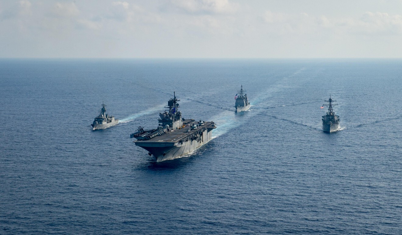US and Australian Navy ships on patrol in the South China Sea in April. Photo: Reuters