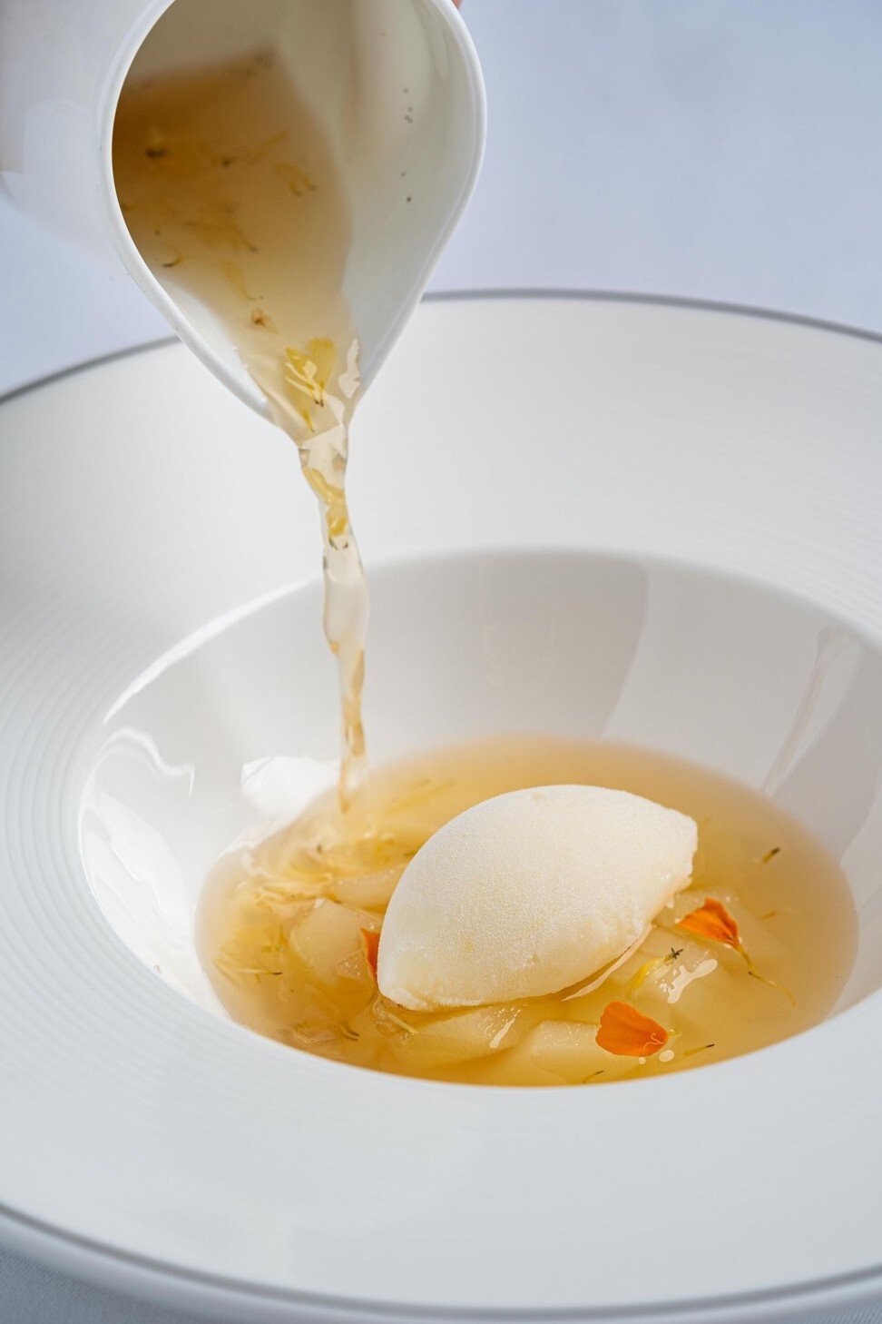 Cafe Gray Deluxe's chilled soup of chrysanthemum and pear. Photo: Courtesy of The Upper House