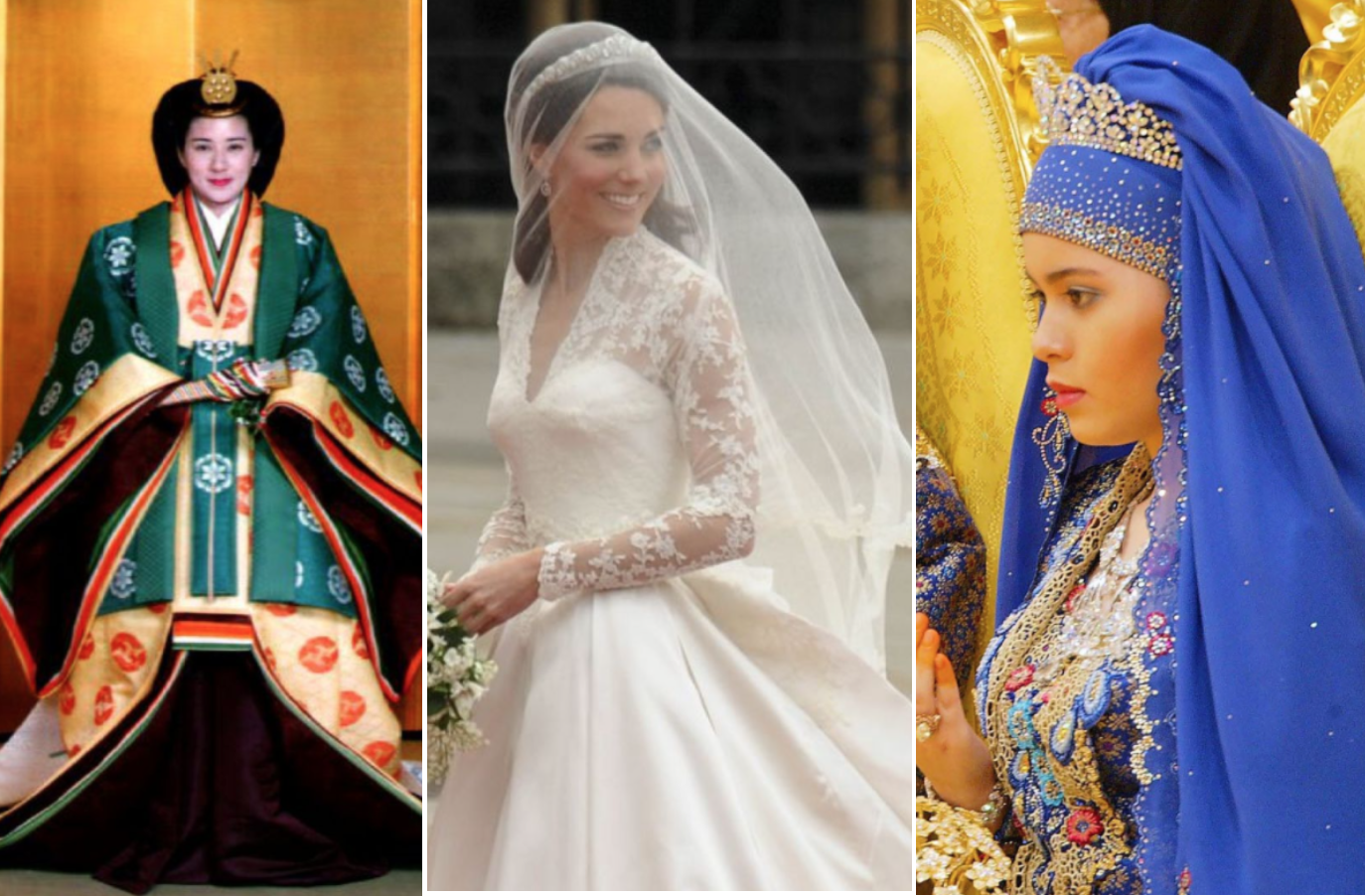 Three royal wedding dresses; three very different looks: (L-R) Masako Owada of Japan, the UK’s Kate Middleton and Sarah Salleh of Brunei. Photo: AFP, AP