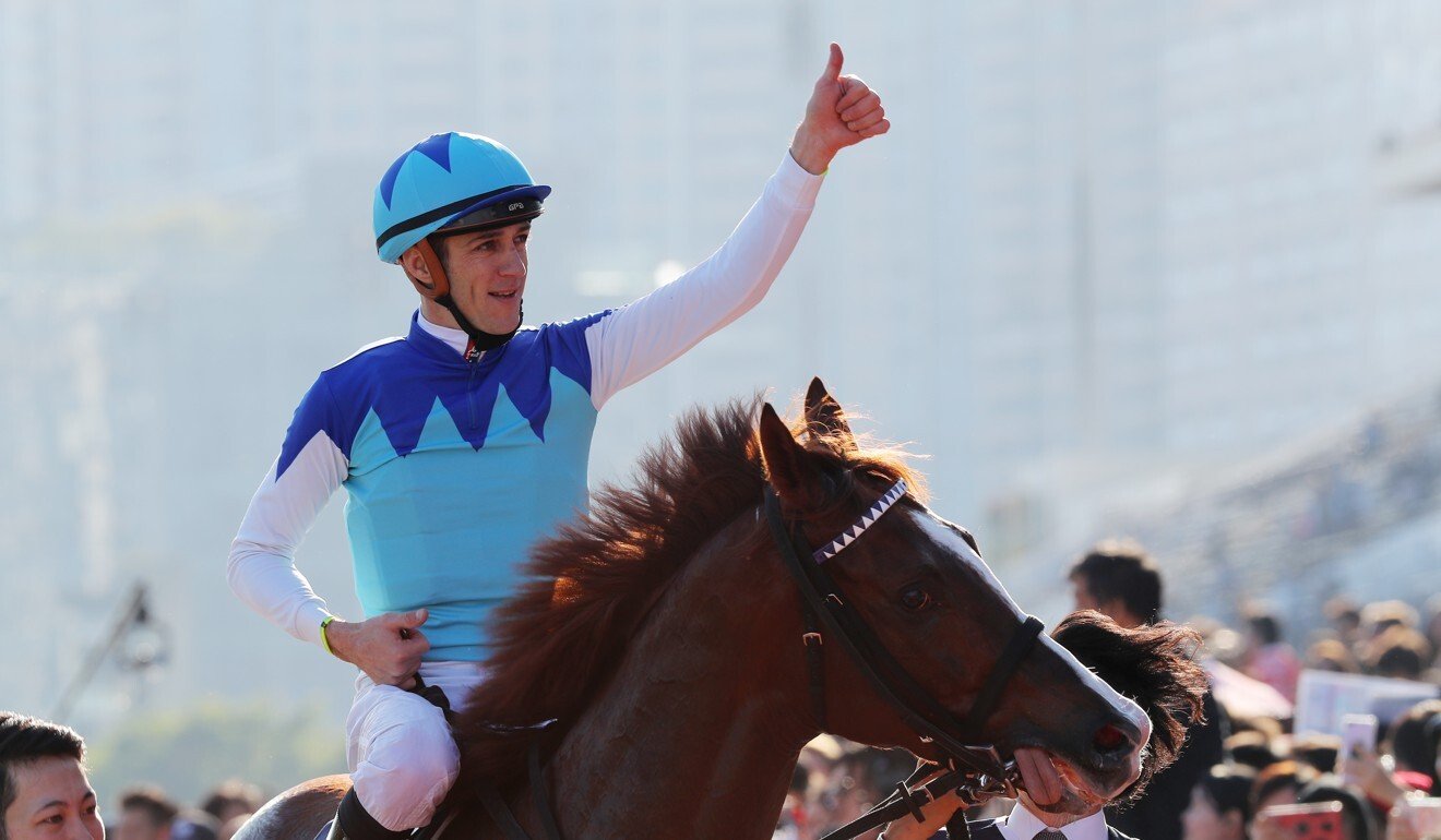 Christophe Soumillon celebrates winning the Hong Kong Mile on Admire Mars last season.