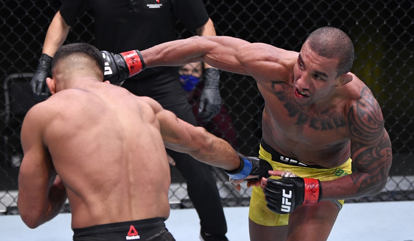 Brazil bantamweight Raoni Barcelos lands a punch on German Khalid Taha at UFC Vegas 13. Photo: Jeff Bottari/Zuffa LLC