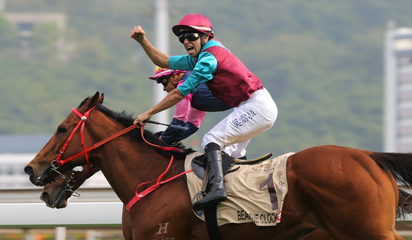 Joao Moreira pumps his fist as Beat The Clock takes out the 2020 Centenary Sprint Cup.