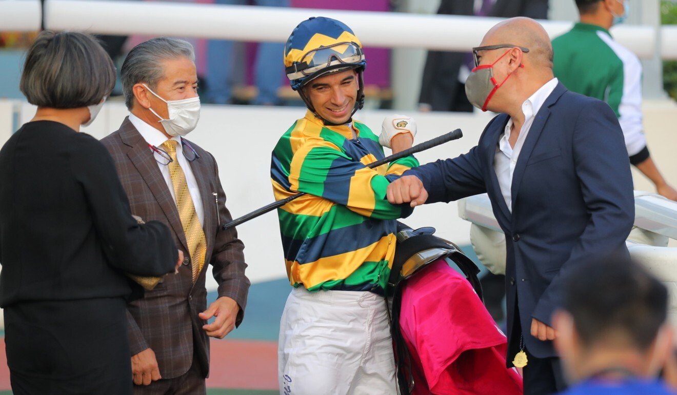 Joao Moreira with the connections of Furore after winning the Group Three Ladies’ Purse at Sha Tin.