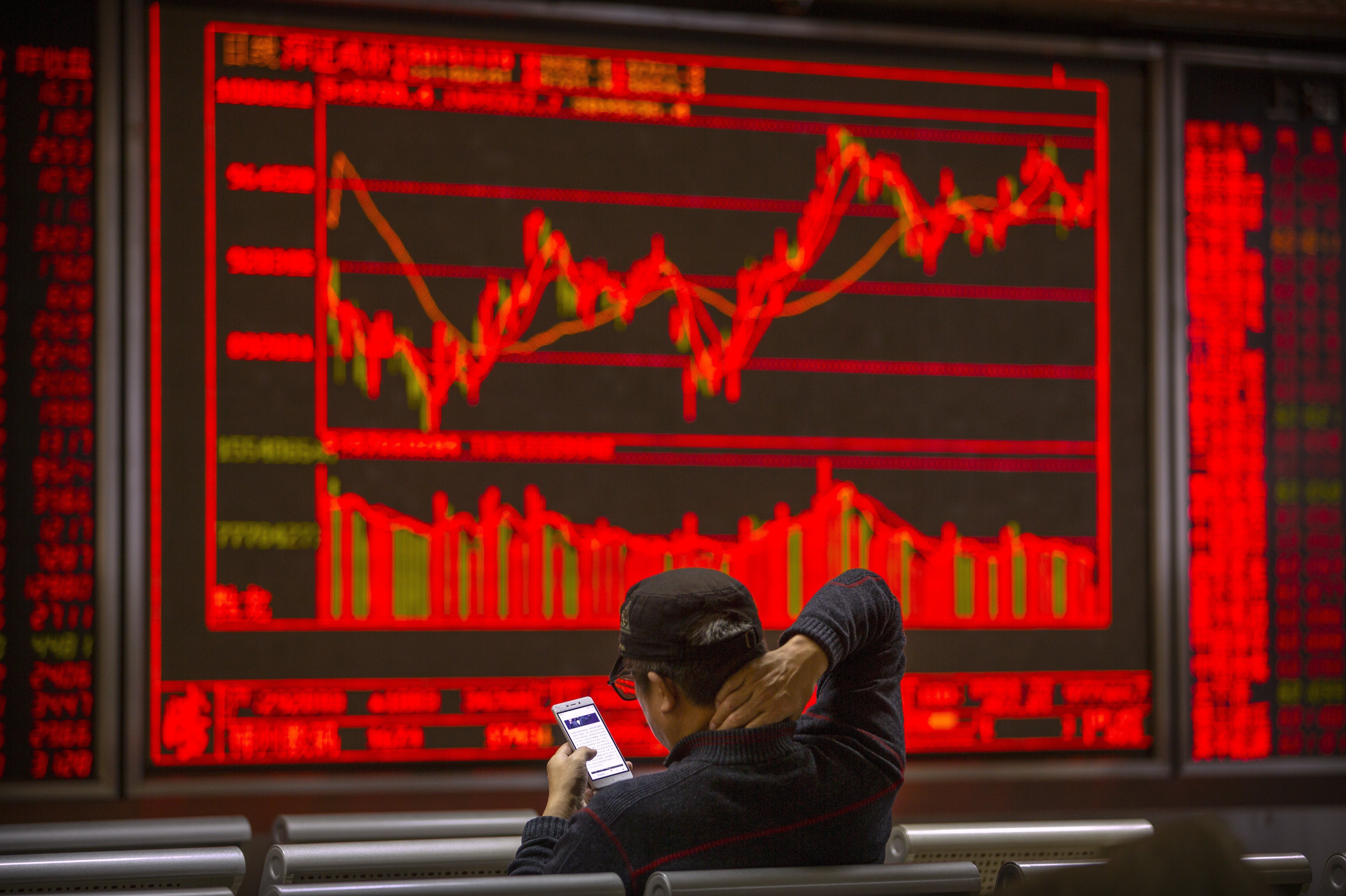 A Chinese investor uses his smartphone as he monitors stock prices at a brokerage house in Beijing on November 19, 2019. Contrary to global conventions, China uses red to denote gains and advances, green to indicate declines and losses. Photo: AP