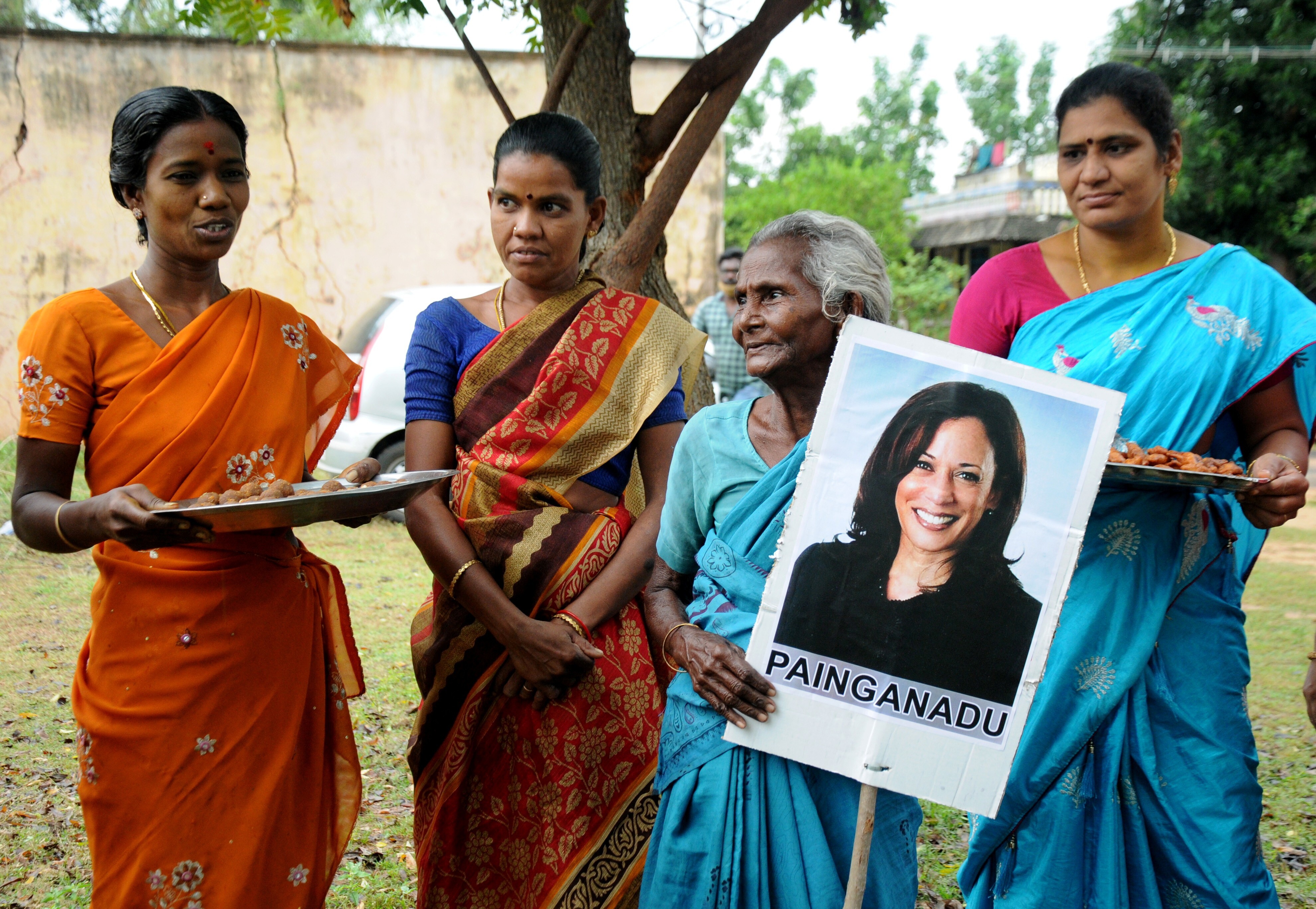 Women gather to celebrate the victory of US vice-president-elect Kamala Harris, in Painganadu, near the village of Thulasendrapuram in the state of Tamil Nadu, where Harris’ maternal grandfather was born. Photo: Reuters
