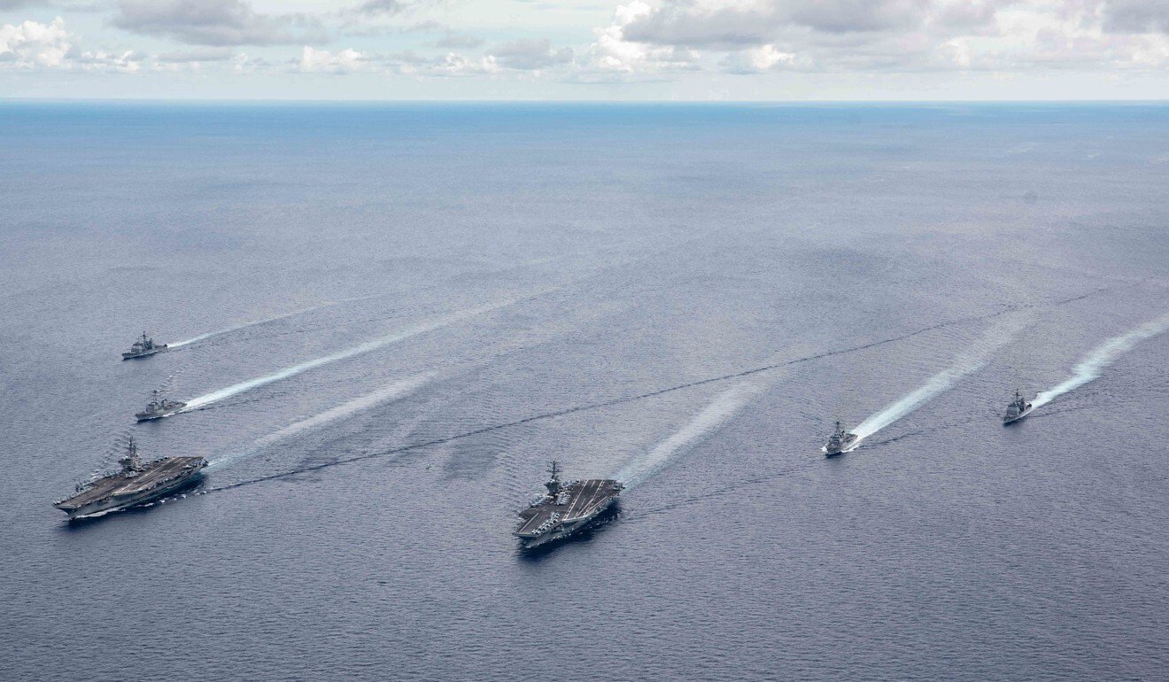 US aircraft carriers and their strike groups take part in a drill in the South China Sea in July. Photo: EPA-EFE
