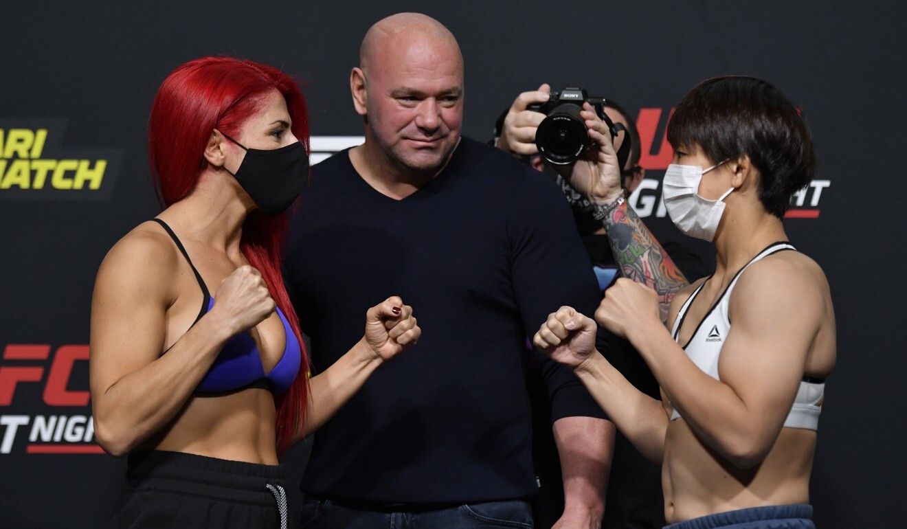 Randa Markos, Dana White and Kanako Murata during the weigh-in for their UFC Vegas 14 fight in Las Vegas.