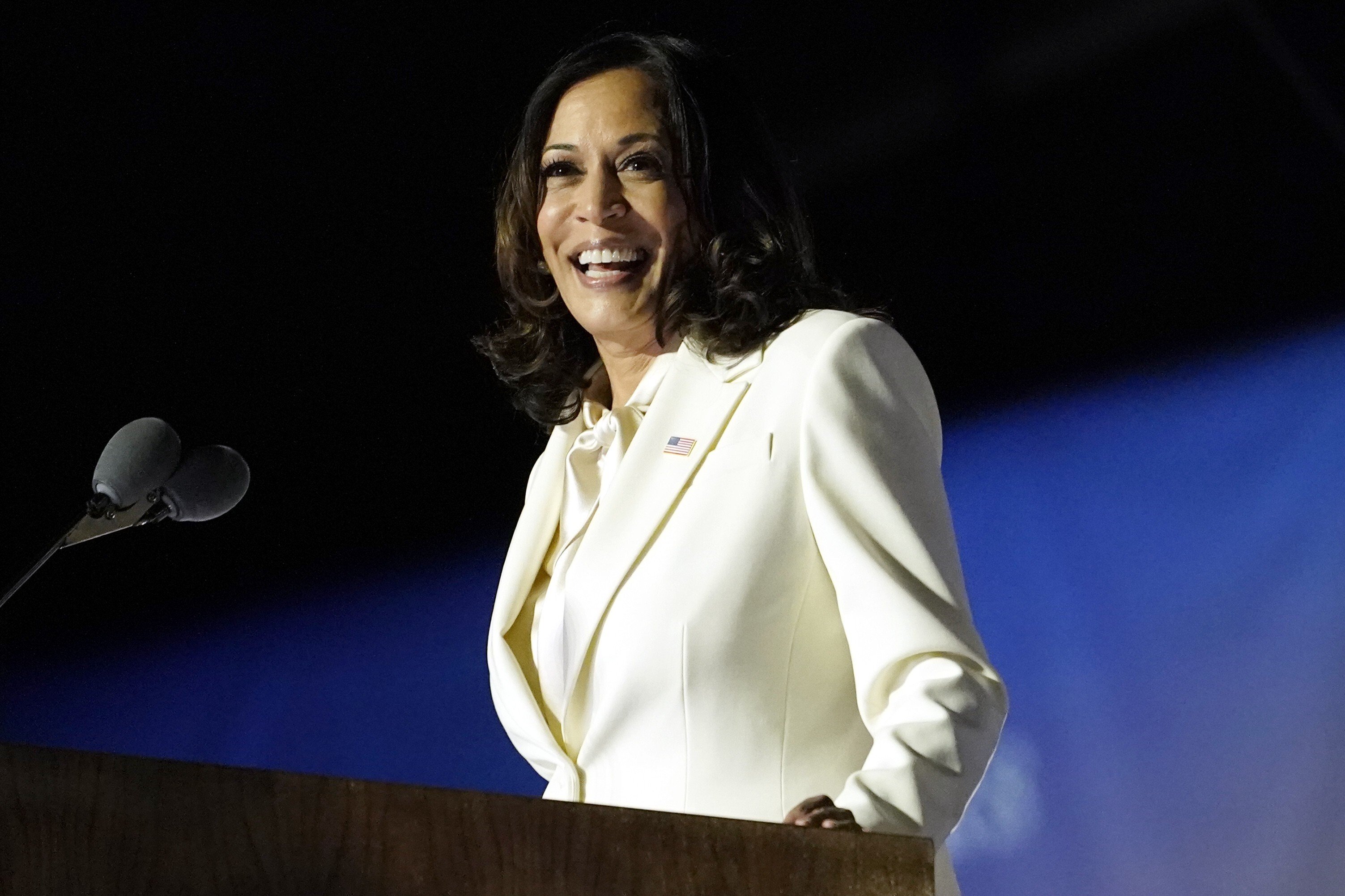 Vice-president-elect Kamala Harris stirs discussion with her fashion choices, including the white pantsuit she wore for her acceptance speech – and her beloved Converse Chuck Taylors. Photo: AP Photo/Andrew Harnik