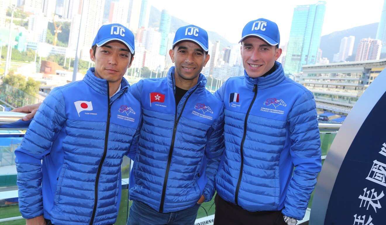 Yuga Kawada, Joao Moreira and Pierre-Charles Boudot pose for photos at last year’s International Jockeys' Championship press conference.