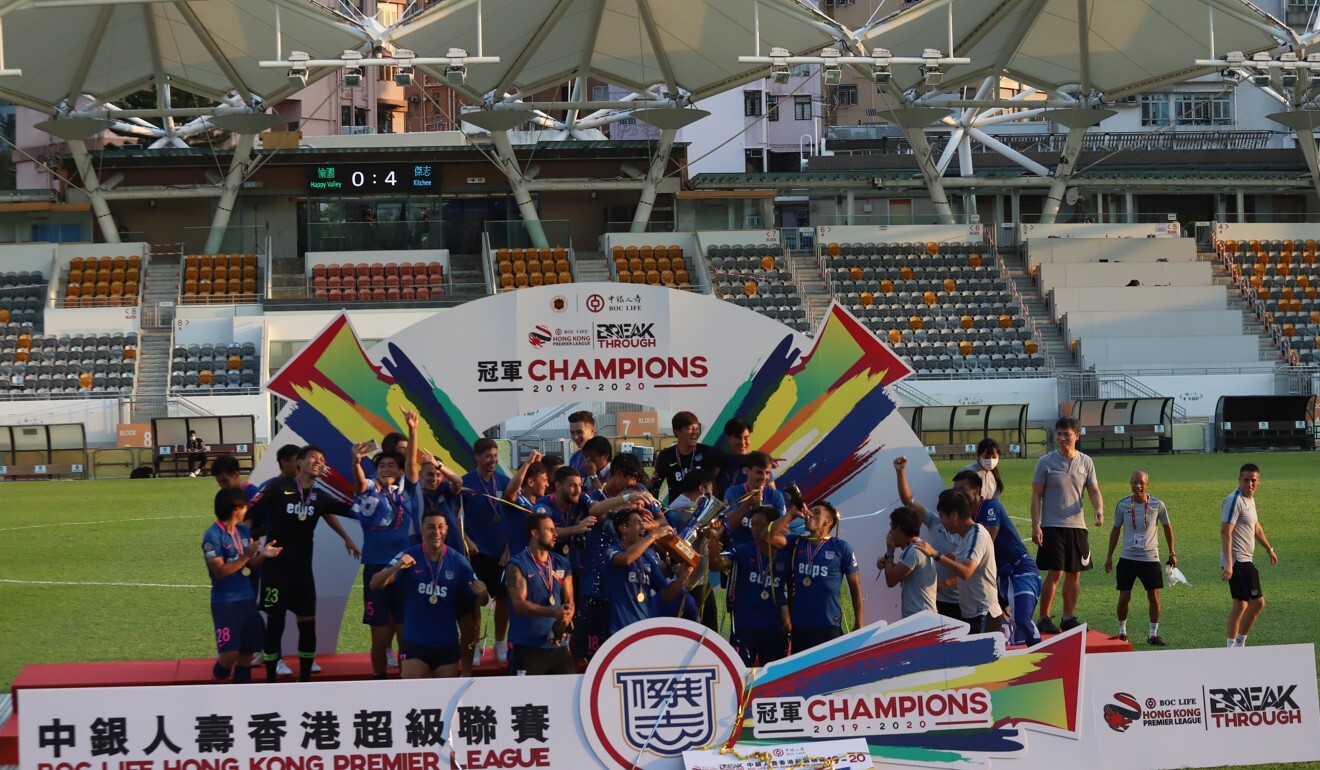 Kitchee celebrate winning the 2020 Hong Kong Premier League title, their 10th overall league title and third in the HKPL in the last four seasons. Photo: Chan Kin-wa