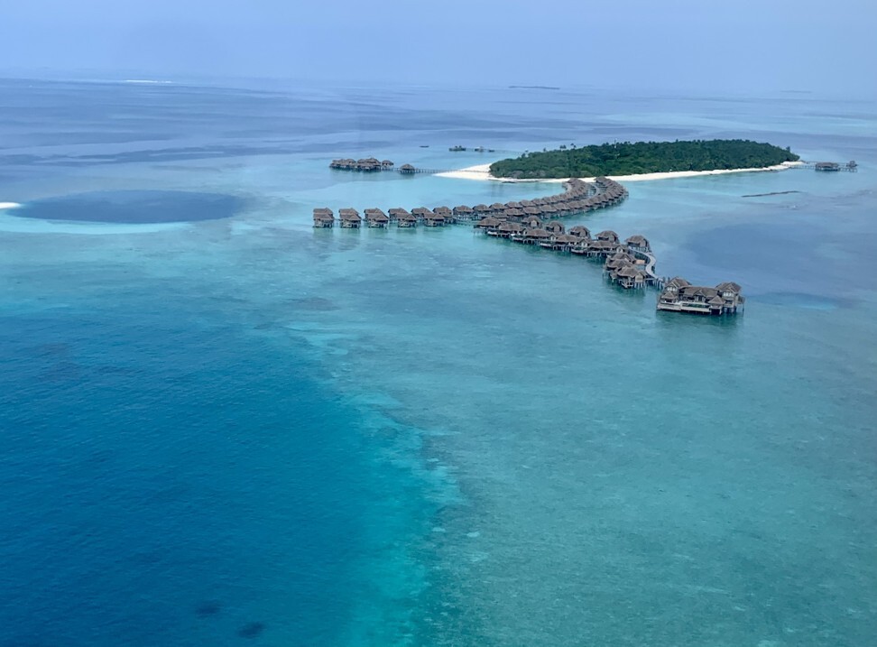 A view of Vakkaru reef resort from a seaplane. Photo: Lee Cobaj