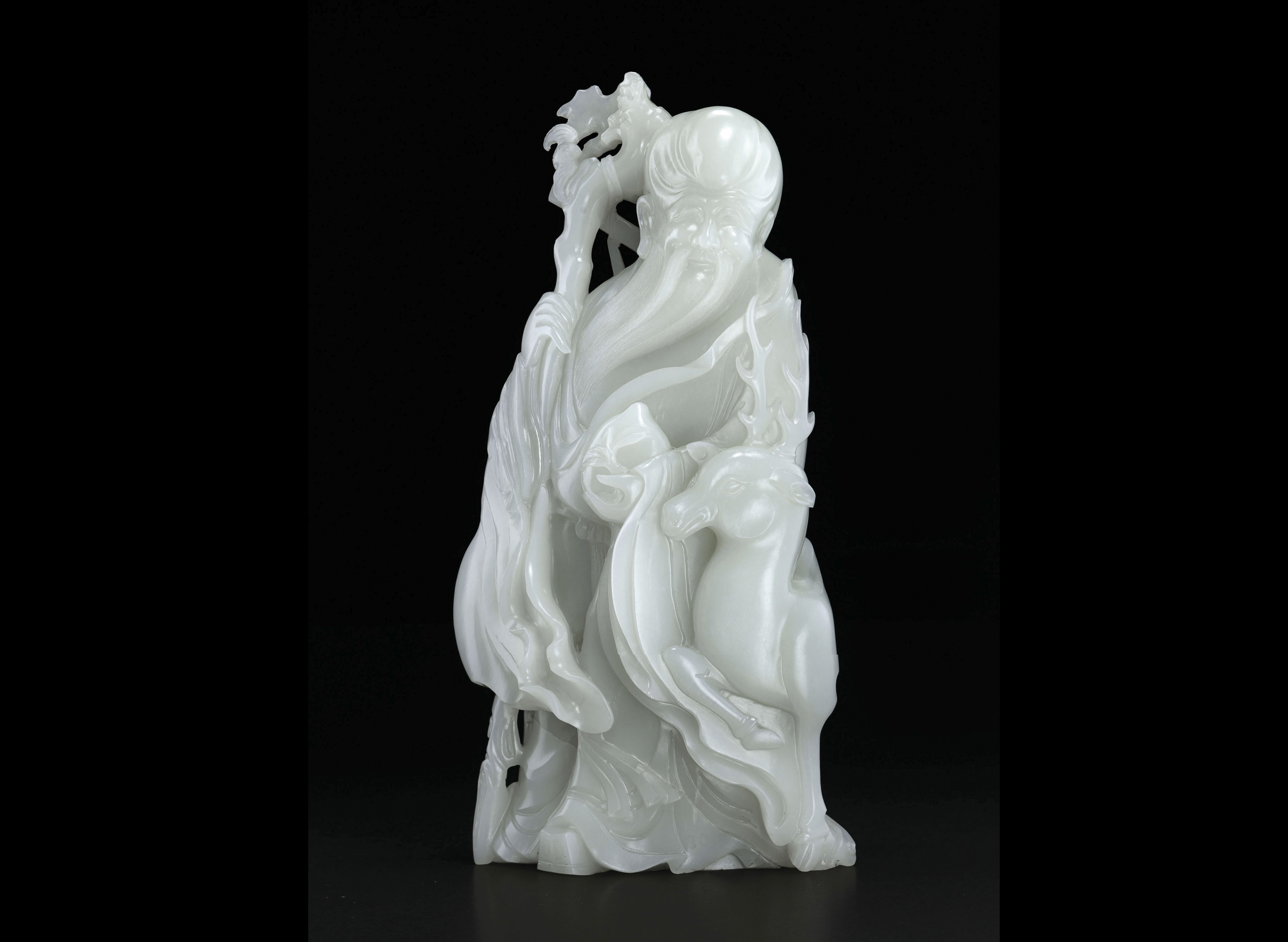 A magnificent and exceptionally rare large Chinese white jade carving of Shulao and deer from the Qianlong-Jiaqing period (1736 to 1820), part of the Imperial Glories from the Springfield Museums Collection that will be auctioned this week. Photo: Christie’s