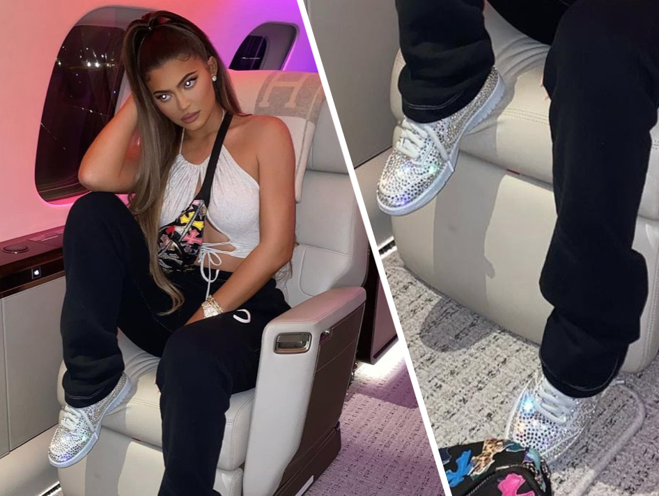 Kylie Jenner flashing her crystal-coated Nike sneakers. Photo: @kyliejenner/Instagram