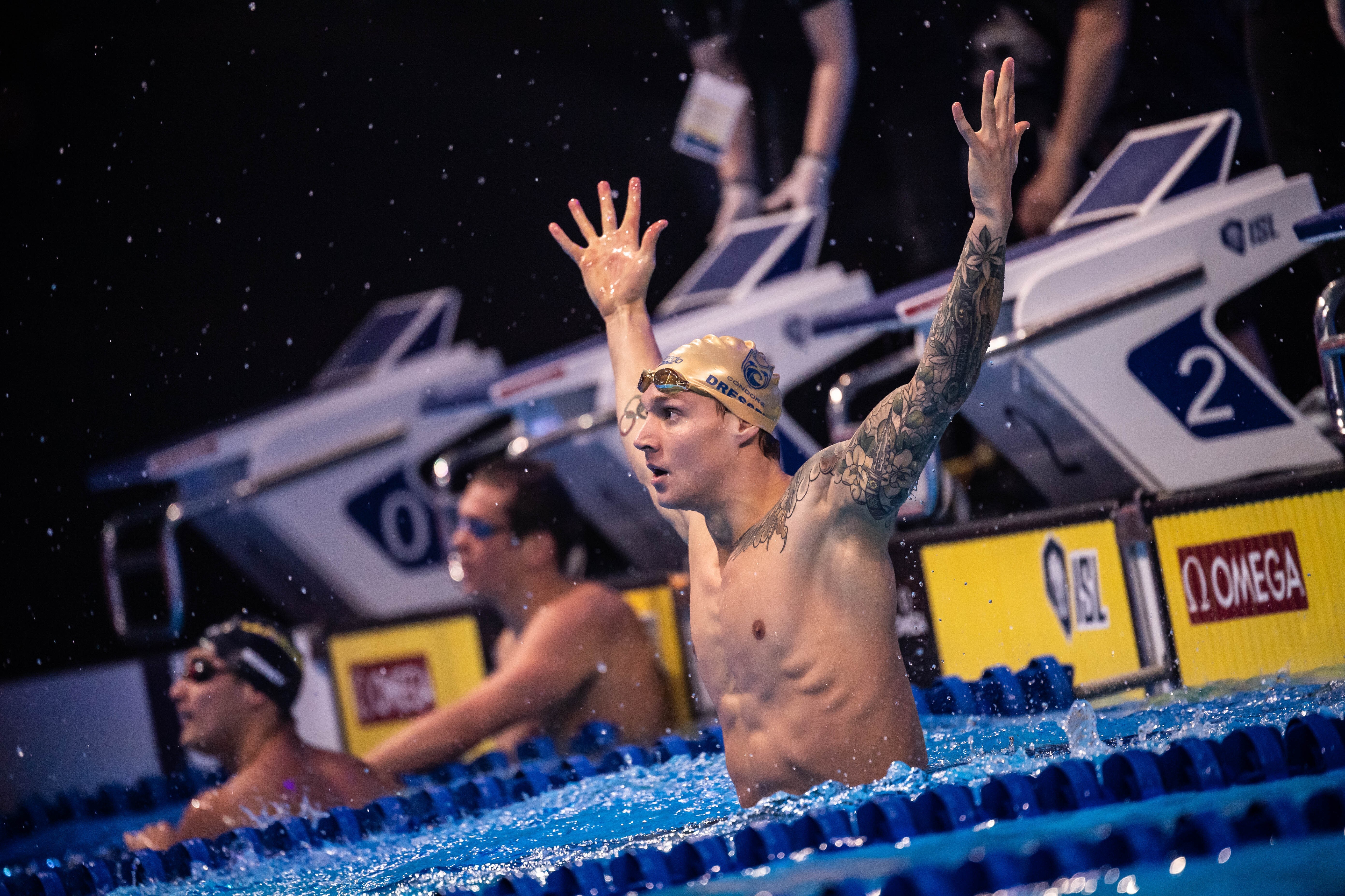 Cali Condors star Caeleb Dressel sets a world record in the 100m butterfly at the ISL finals in Budapest, Hungary. Photo: ISL/Mike Lewis