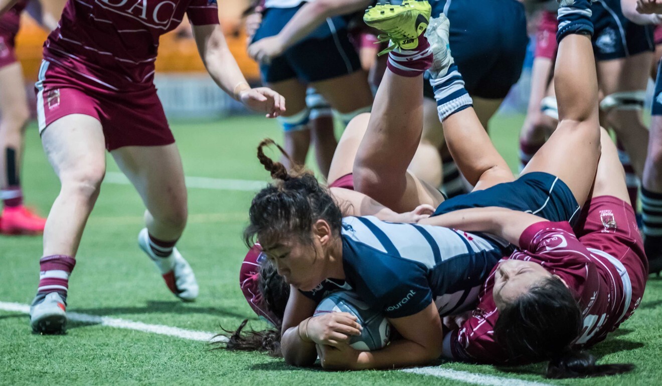 HKFC Ice’s Fion Got scores a consolation try against Kowloon in the third round of Premiership action at Hong Kong Football Club. Photo: Ike Images