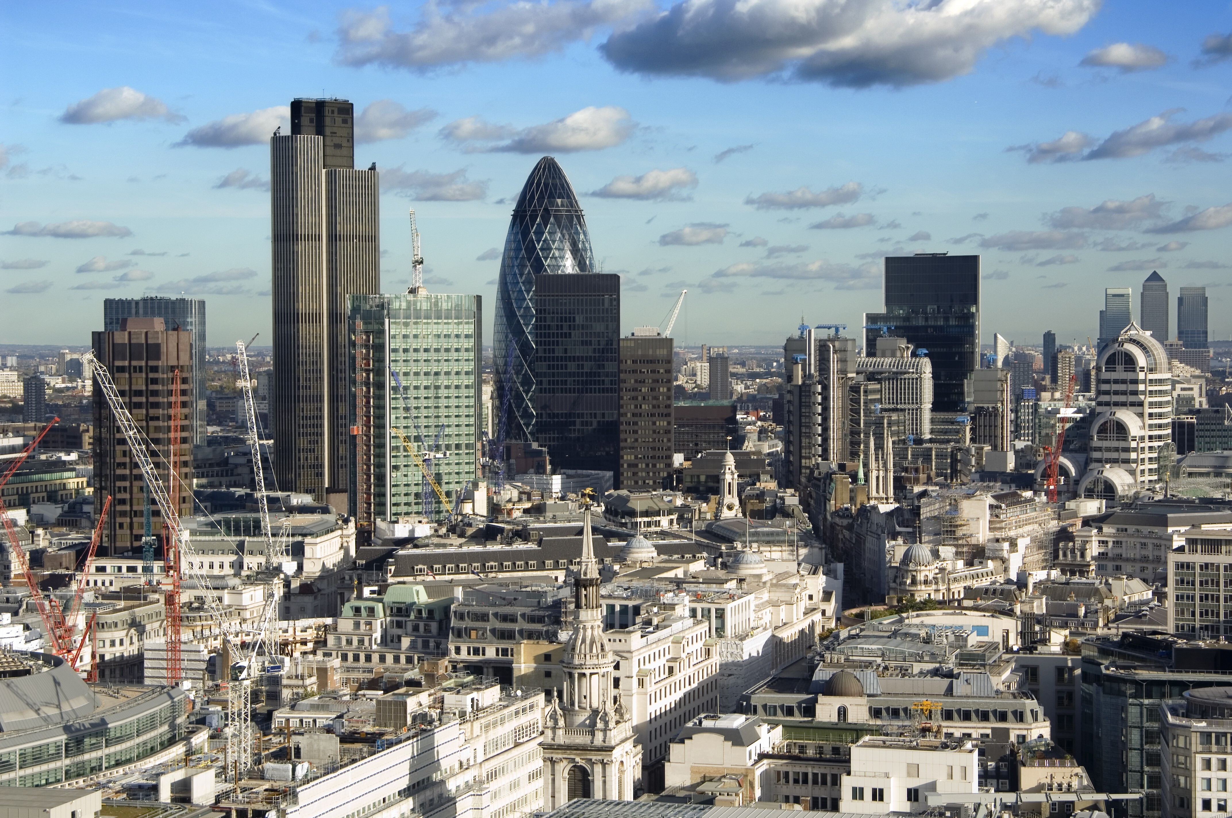 London's skyline, including the Gherkin and Lloyd's of London, with the buildings of the Docklands in the right background. Photo: Handout