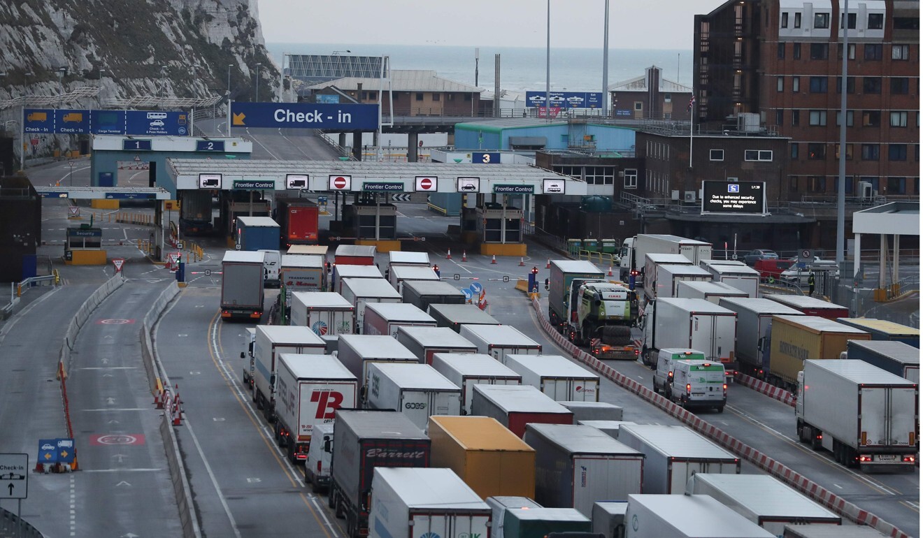 Lorries queue at the port of Dover on the south coast of England. File photo: AFP